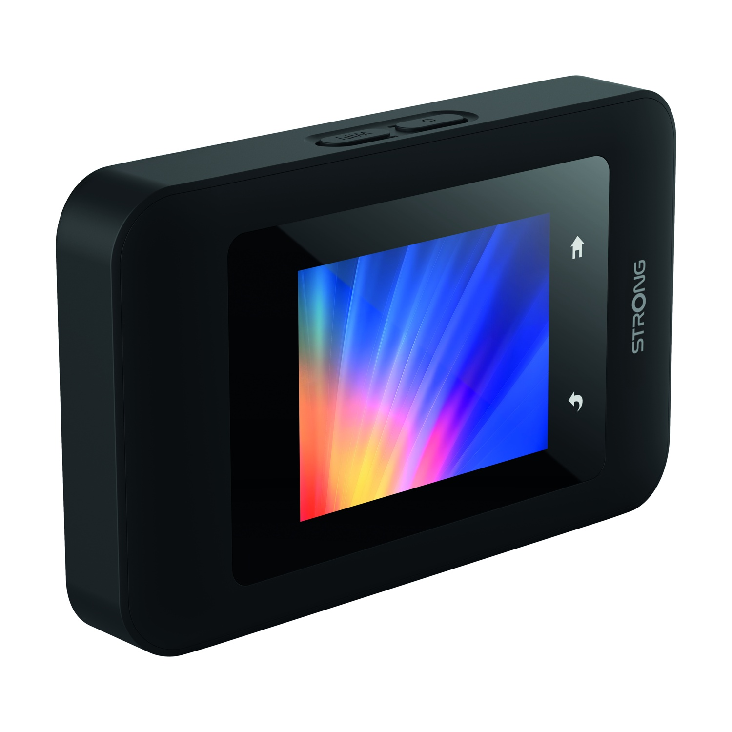 Un dispositivo portatile nero con schermo colorato e pulsanti in alto.