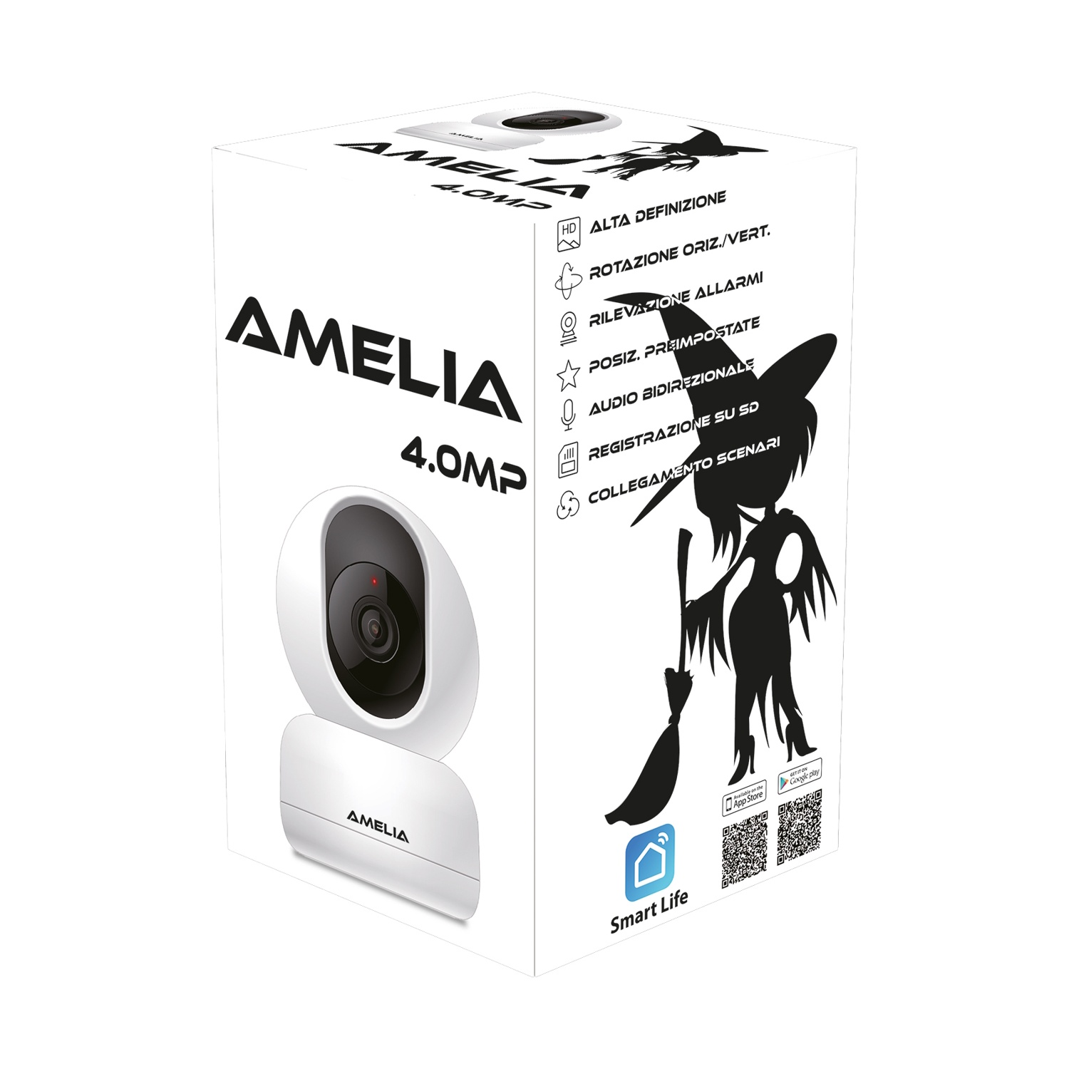 Confezione di una telecamera Amelia 4.0MP con illustrazione di strega e codici QR.