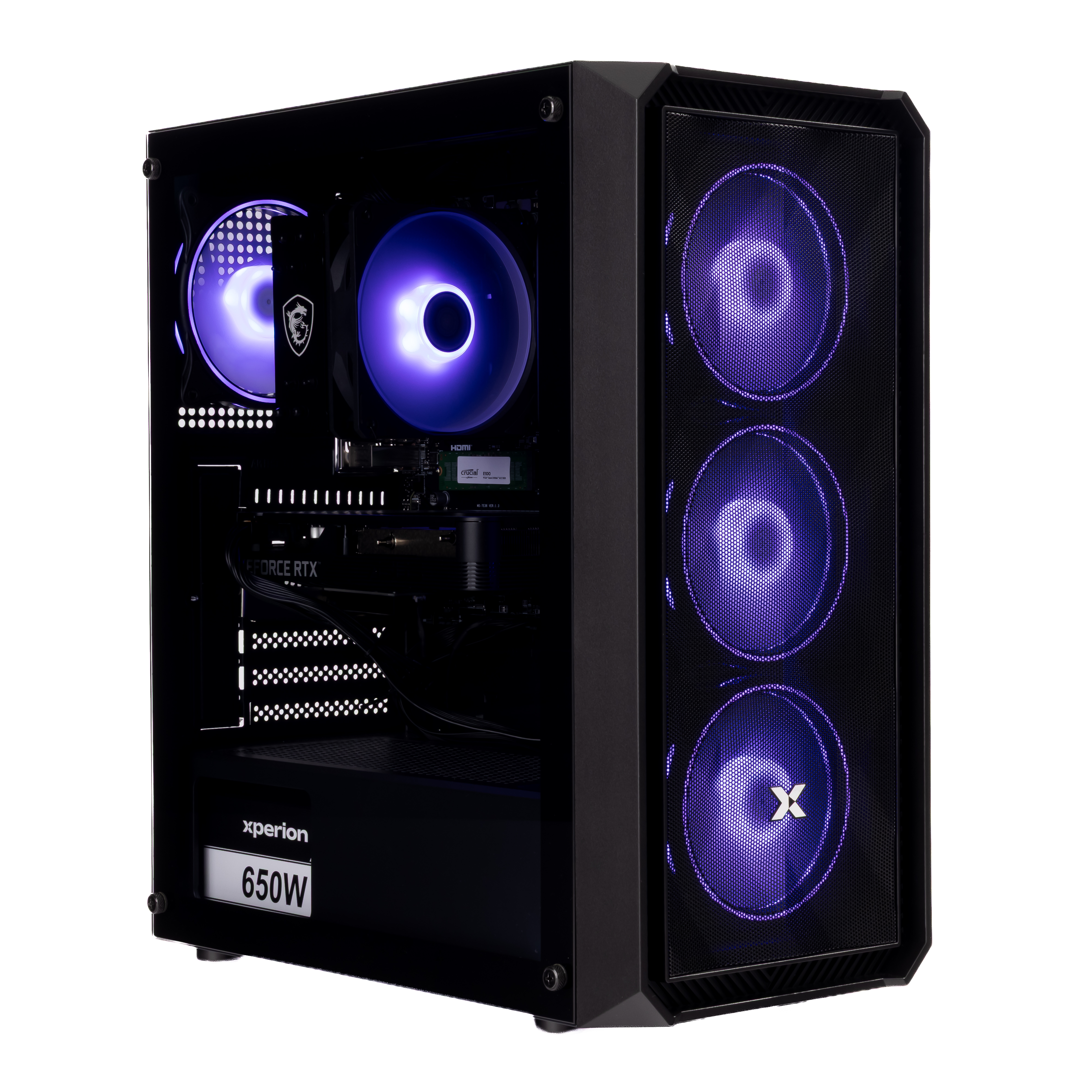 Ein schwarzes PC-Gehäuse mit lila Lüftern und Sichtfenster.