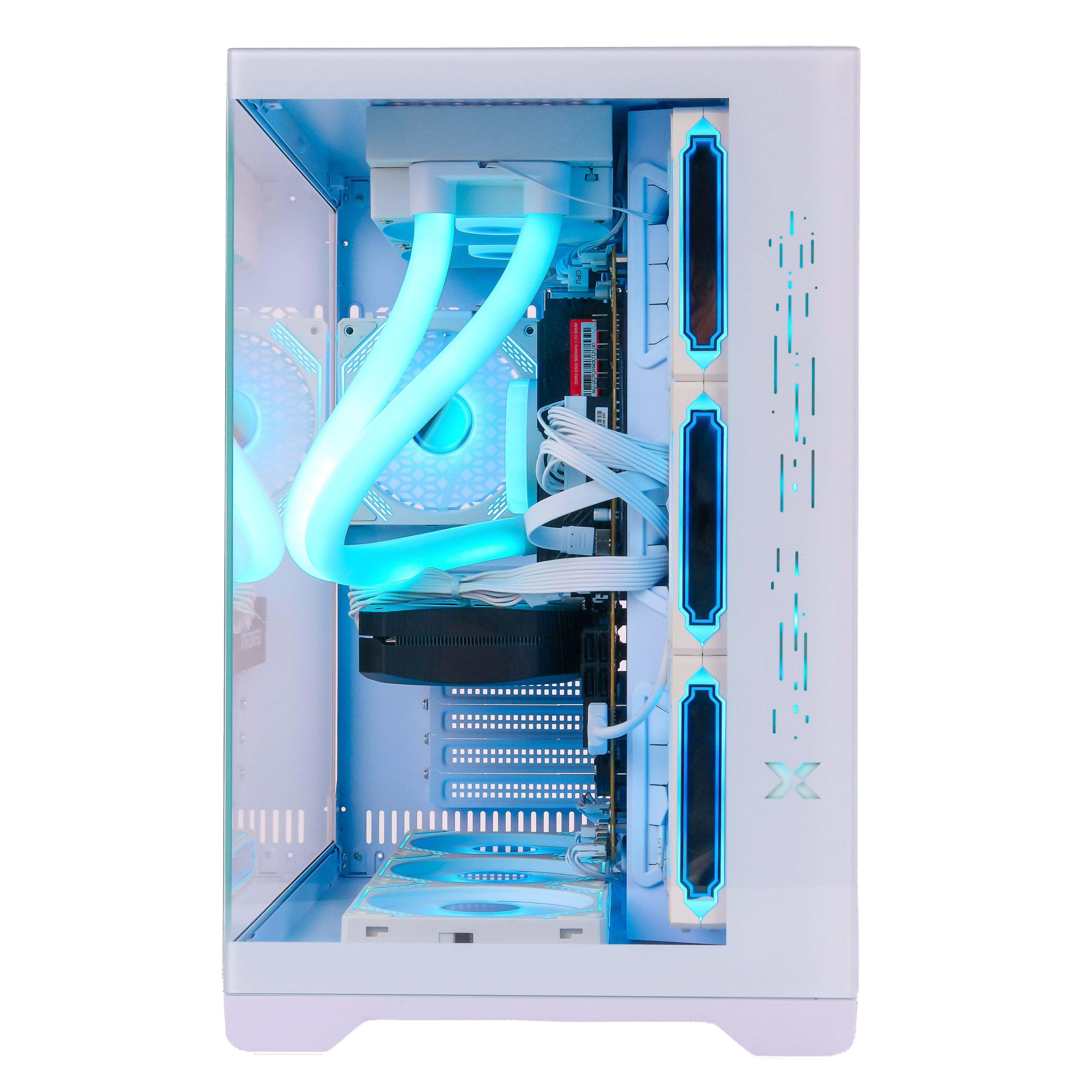 Ein weißer PC mit blauer Beleuchtung und sichtbaren Komponenten.