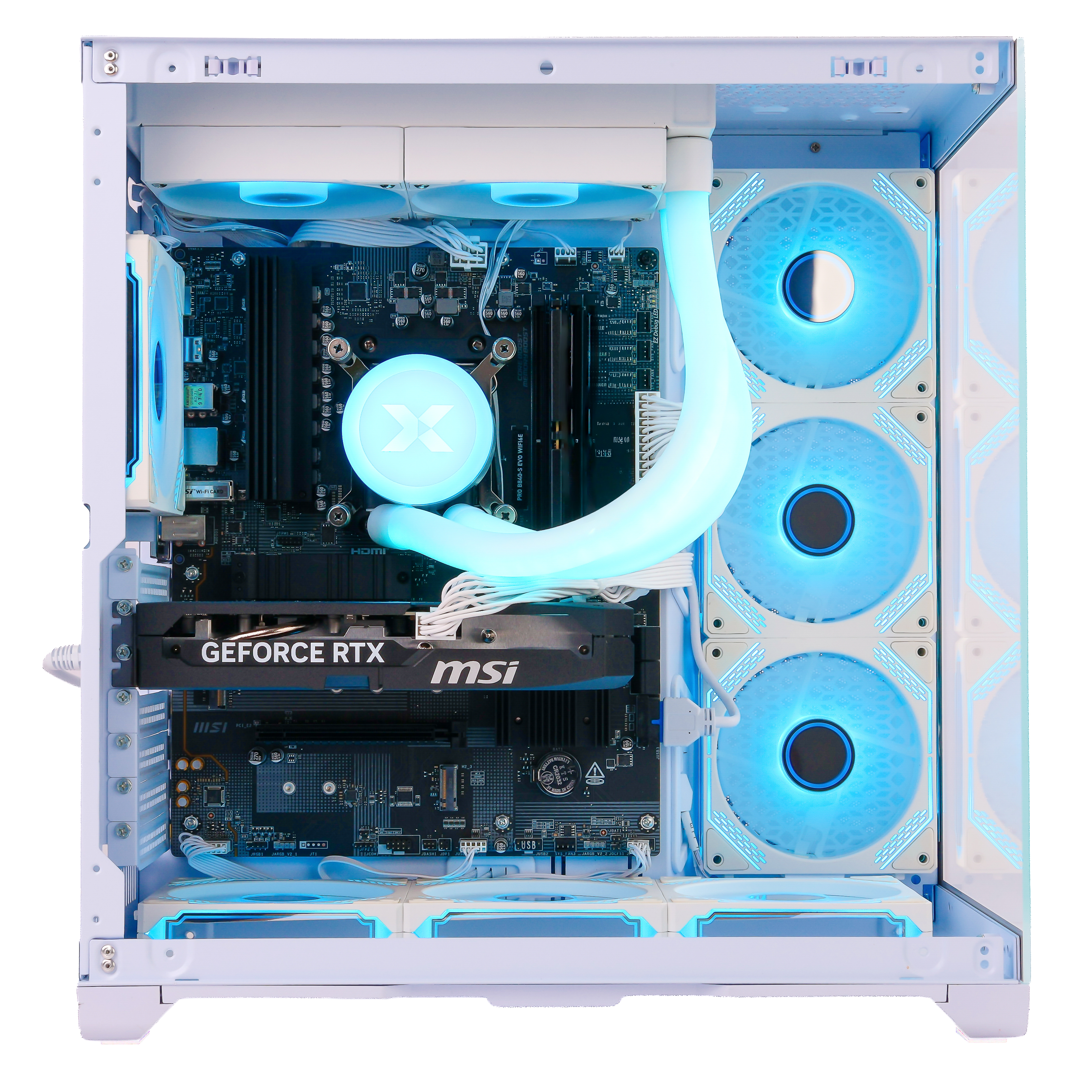 Ein weißes PC-Gehäuse mit blauen LED-Lüftern und Komponenten.