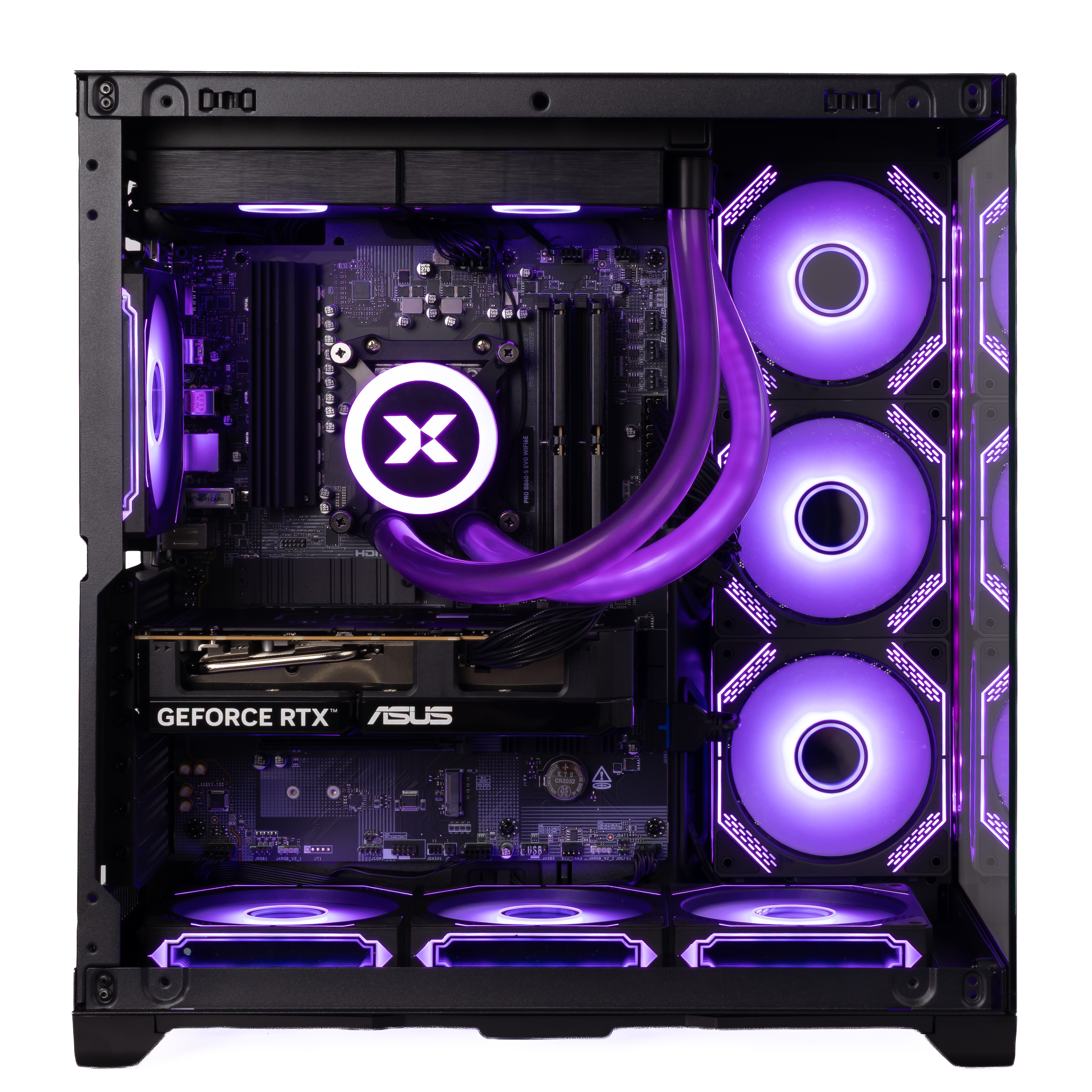 Ein geöffneter PC-Gehäuse mit violetter Beleuchtung, Komponenten und Lüftern.