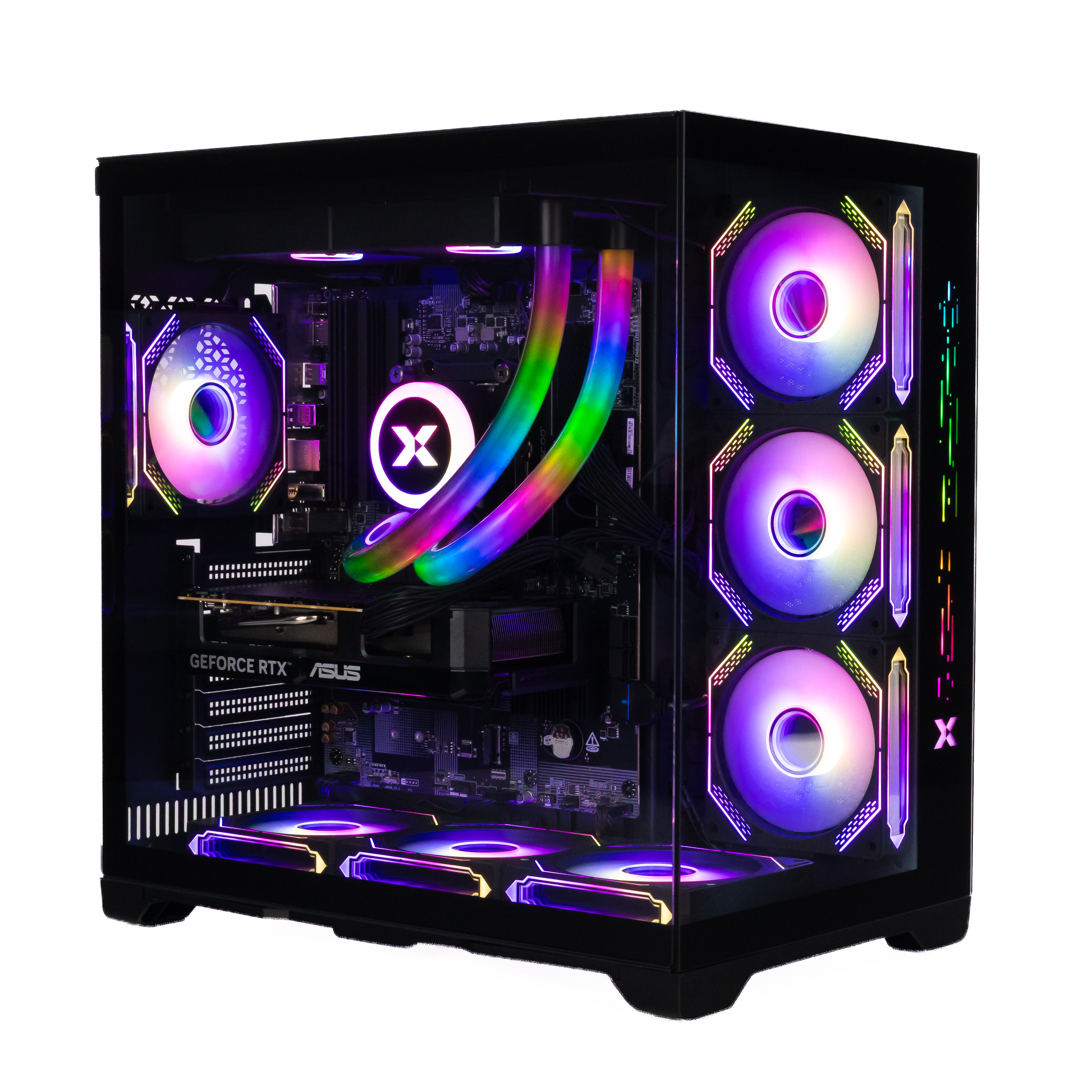 Ein schwarzer Computerturm mit RGB-Beleuchtung, Glasseitenteil, mehreren Lüftern und Grafikkarte.
