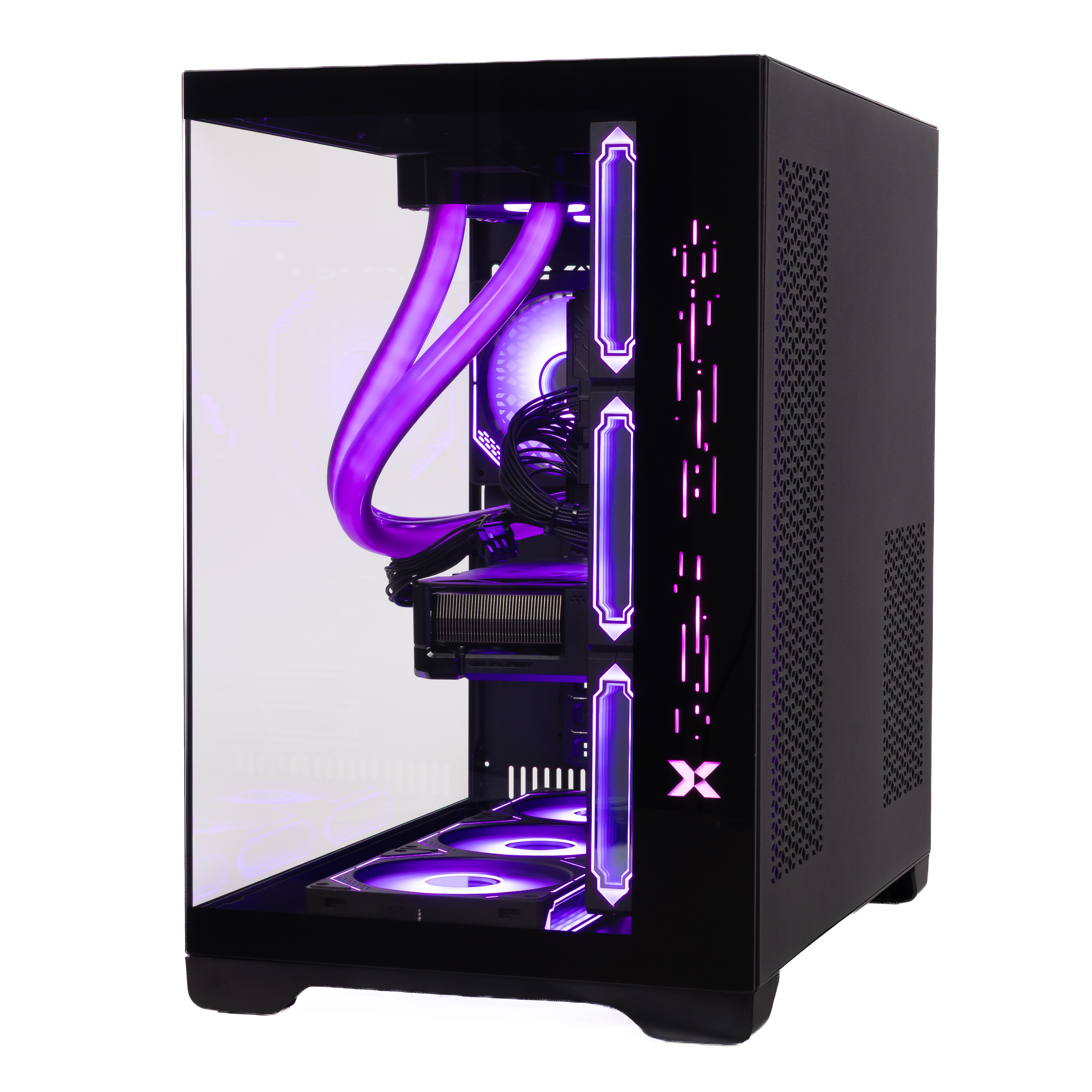 Ein schwarzes PC-Gehäuse mit Glasfront und violetter RGB-Beleuchtung.