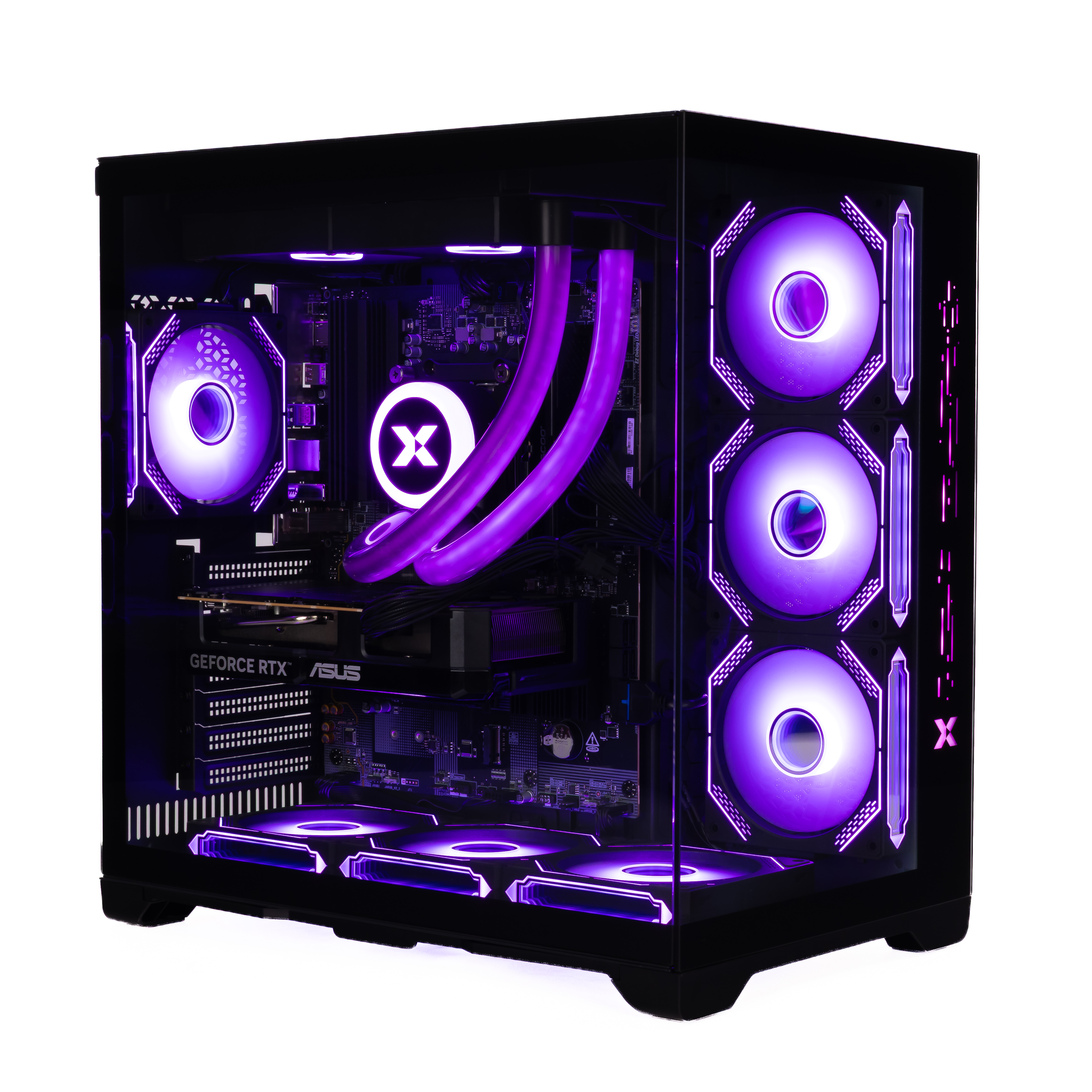 Ein schwarzes PC-Gehäuse mit lila Beleuchtung, Lüftern und Schläuchen.