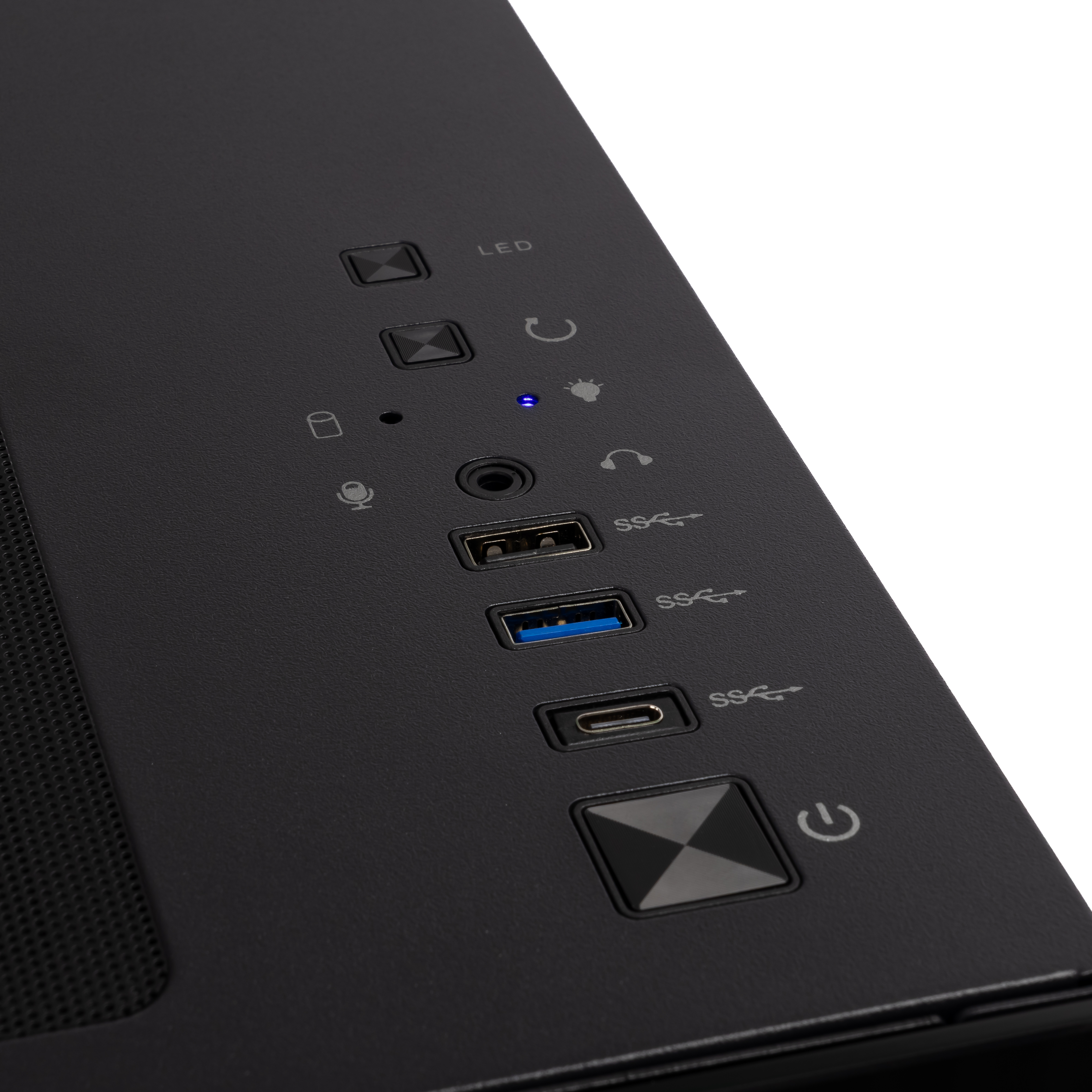 Schwarzes Computergehäuse mit Anschlüssen: USB, USB-C, Audiobuchsen und Power-Button.