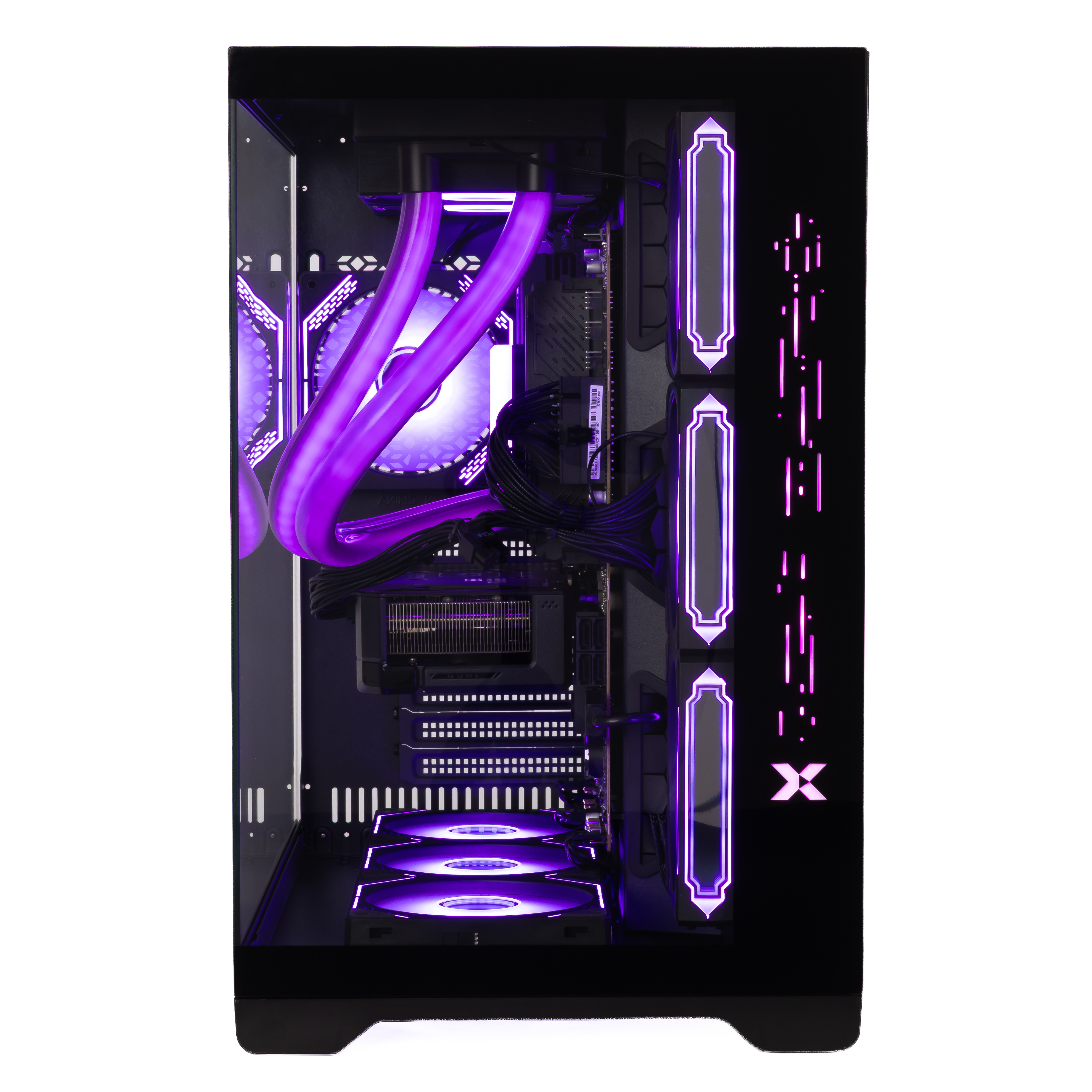 Ein schwarzes Computergehäuse mit lila Lüftern und Lichtern.