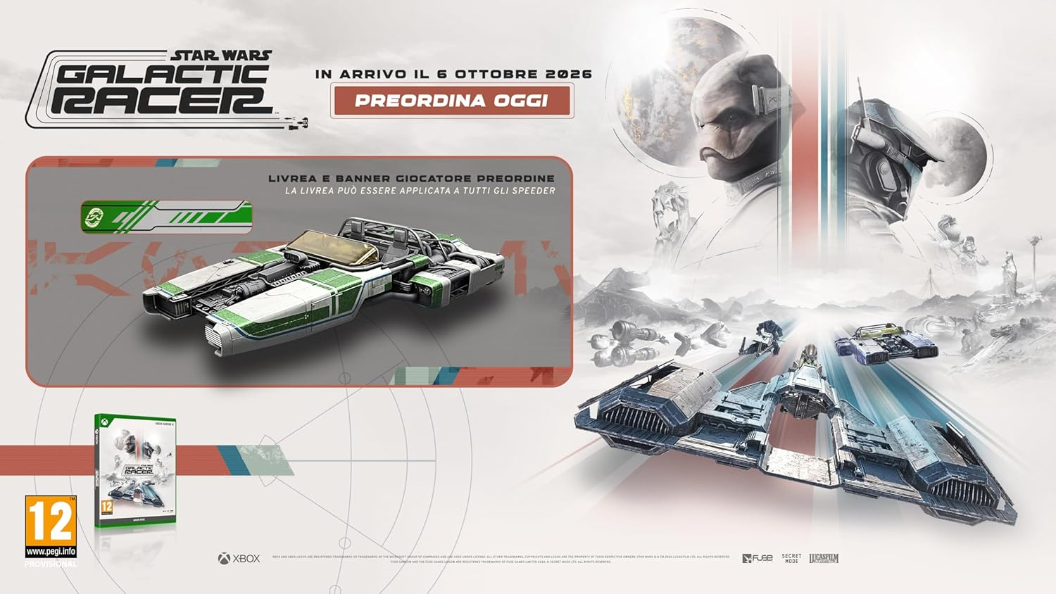 Star Wars Galactic Racer: Speeder, box del gioco e personaggi su sfondo nebbioso.