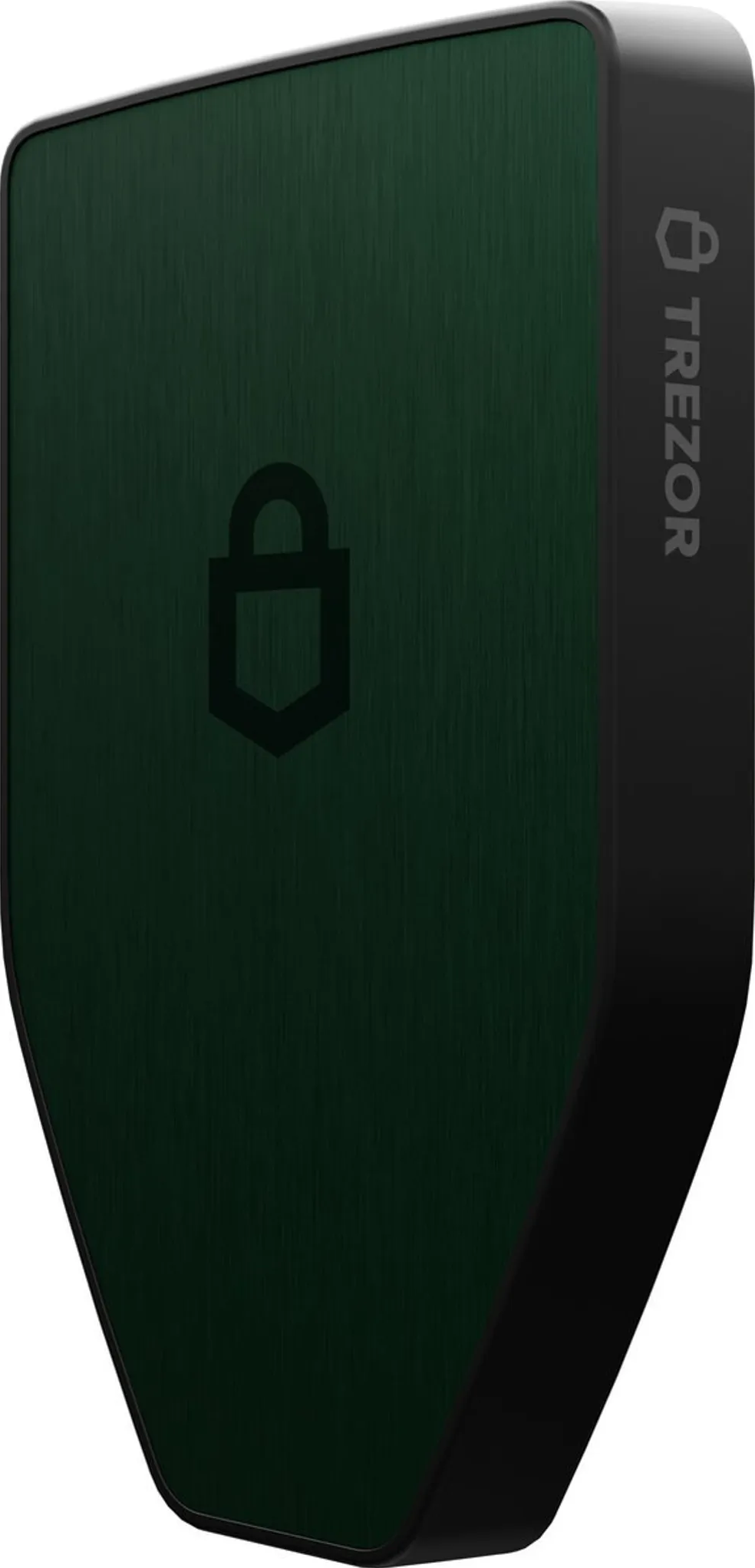 Un appareil foncé en forme de bouclier avec bordure noire et logo Trezor.