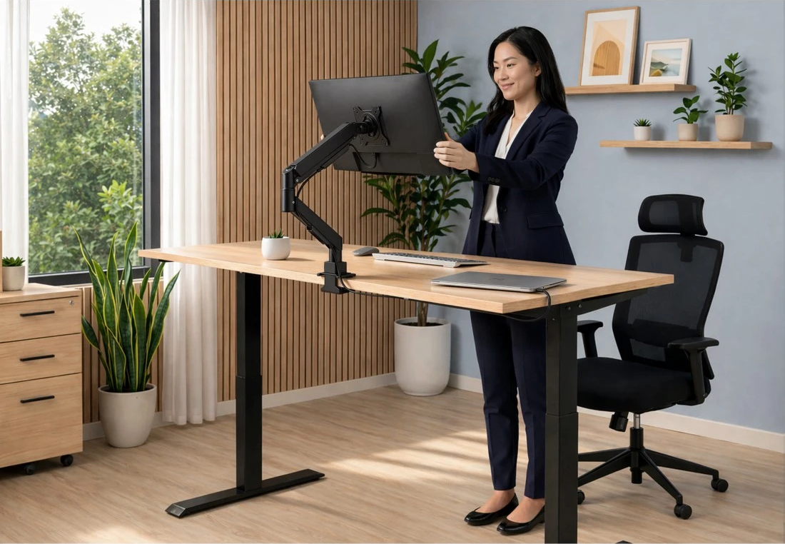 Eine Frau im Anzug passt einen Monitor an einem höhenverstellbaren Schreibtisch an.