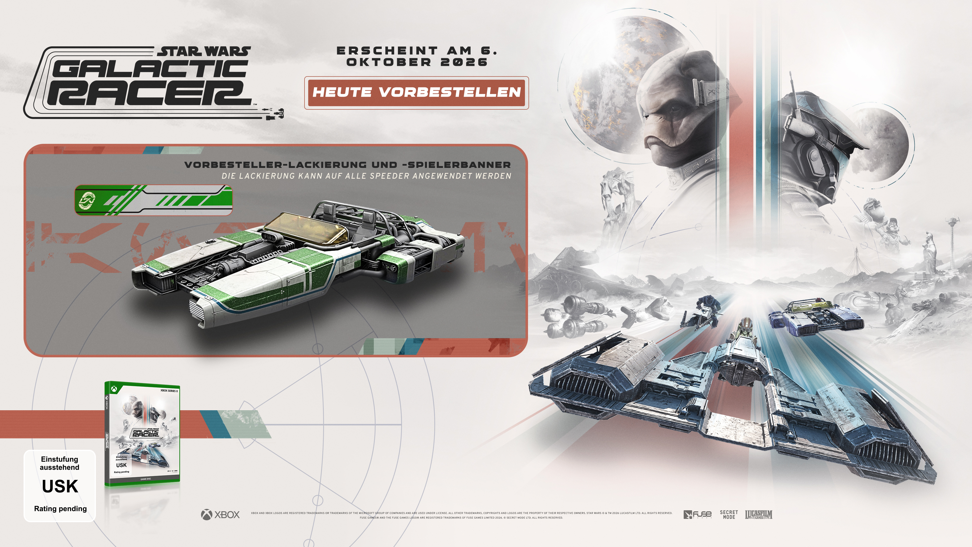 Star Wars Galactic Racer: Copertina del gioco, speeder, personaggi e paesaggio.