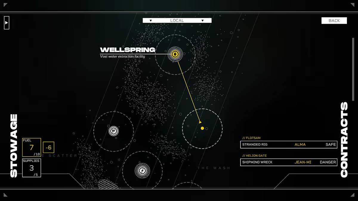 Un mapa táctico que muestra iconos, texto y datos de combustible/suministros.