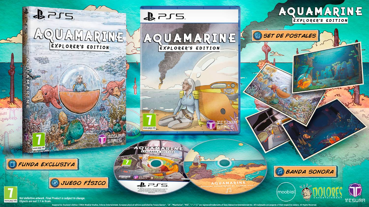 Juego PS5 "Aquamarine Explorer's Edition", portada, discos y postales.
