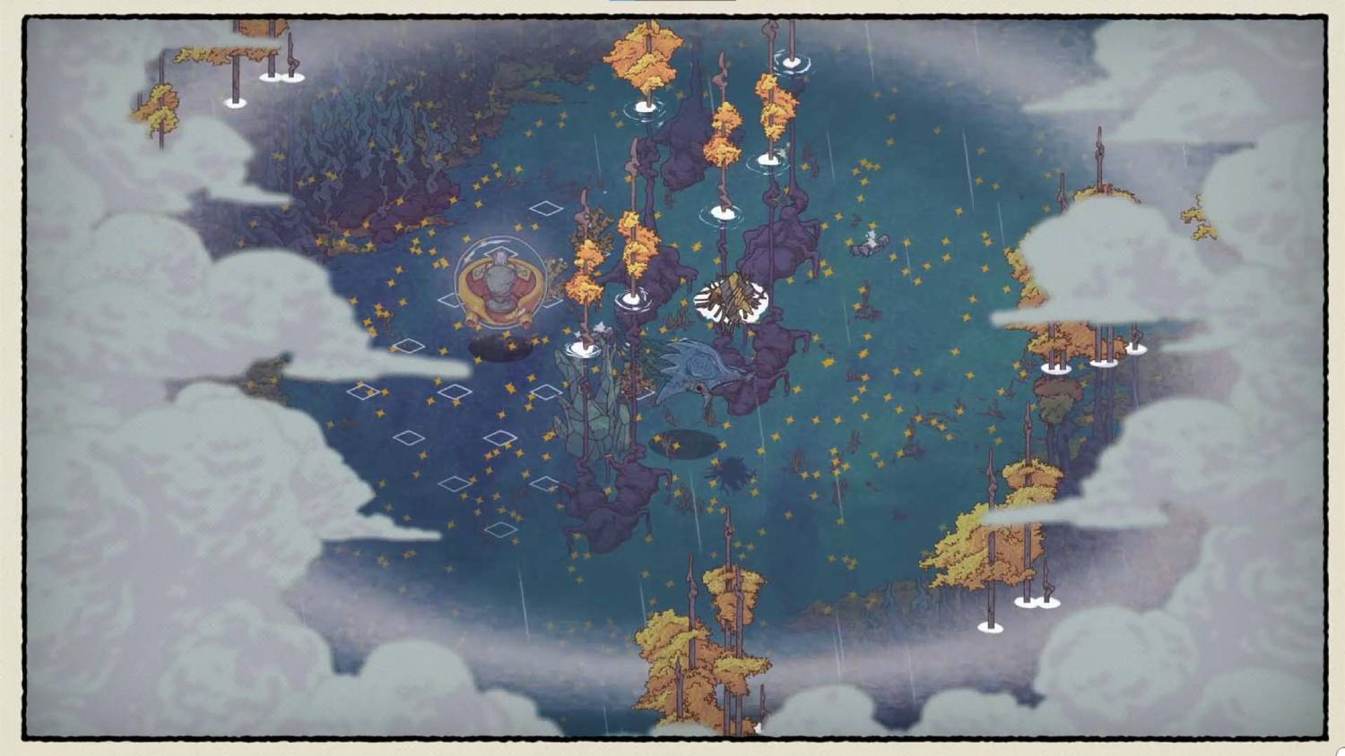 Mapa con islas flotantes, árboles y estrellas en un cielo nocturno.