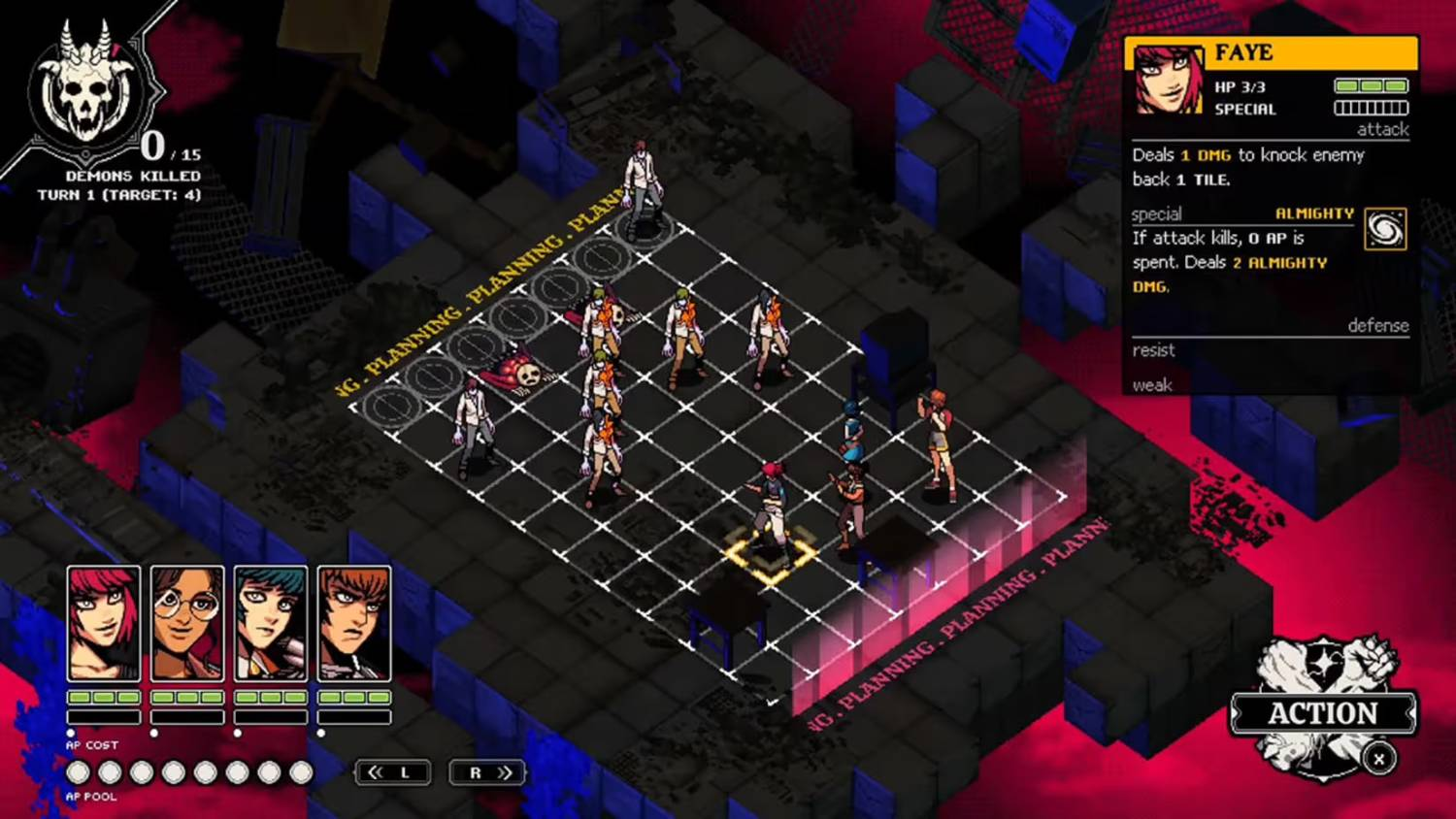 Un juego de estrategia por turnos con personajes de anime en una cuadrícula.
