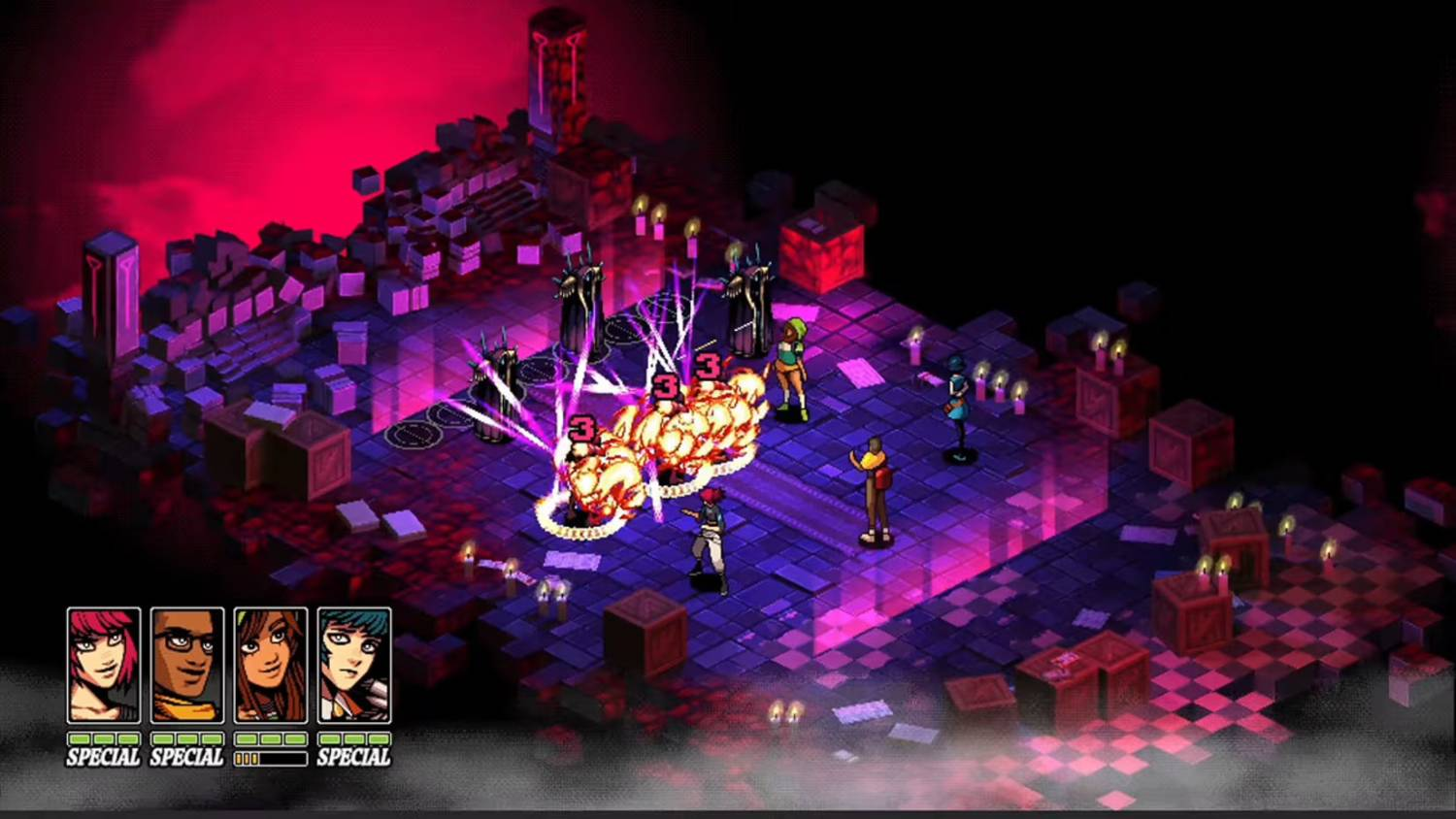 Escena de batalla isométrica con personajes, explosiones e iluminación púrpura.