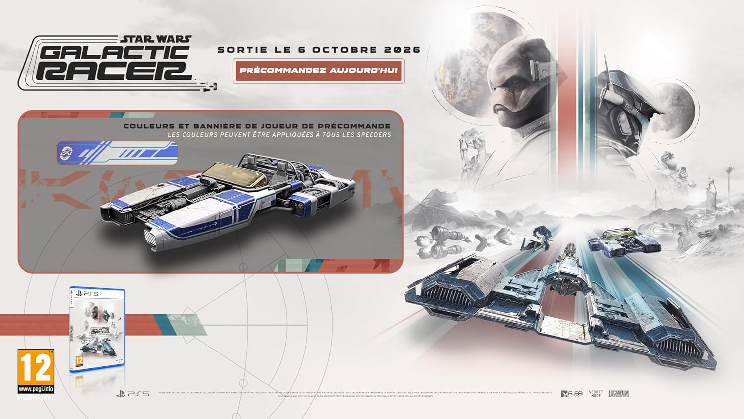 Annuncio Star Wars Galactic Racer con speeder, personaggi e custodia PS5.
