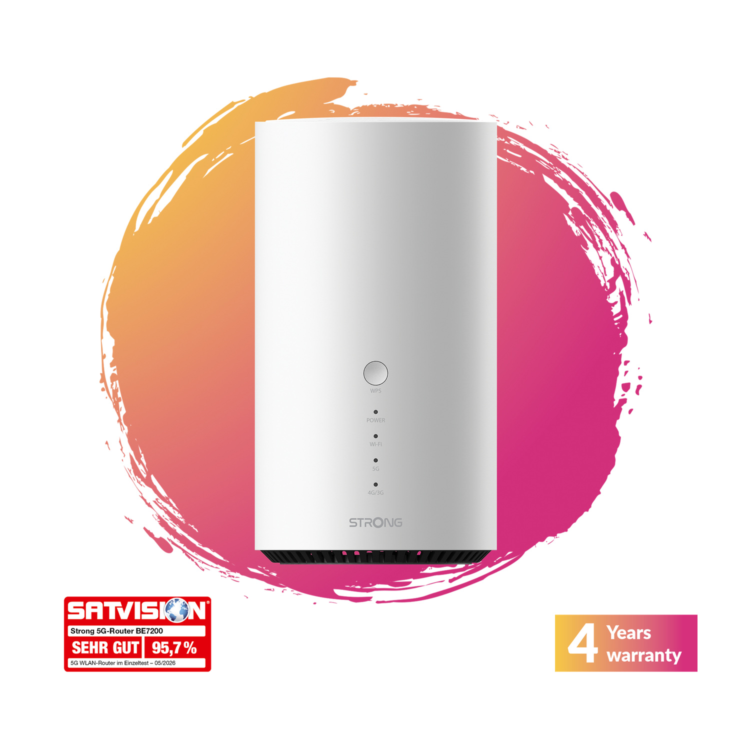 Router 5G bianco con spie di stato e loghi su sfondo colorato.