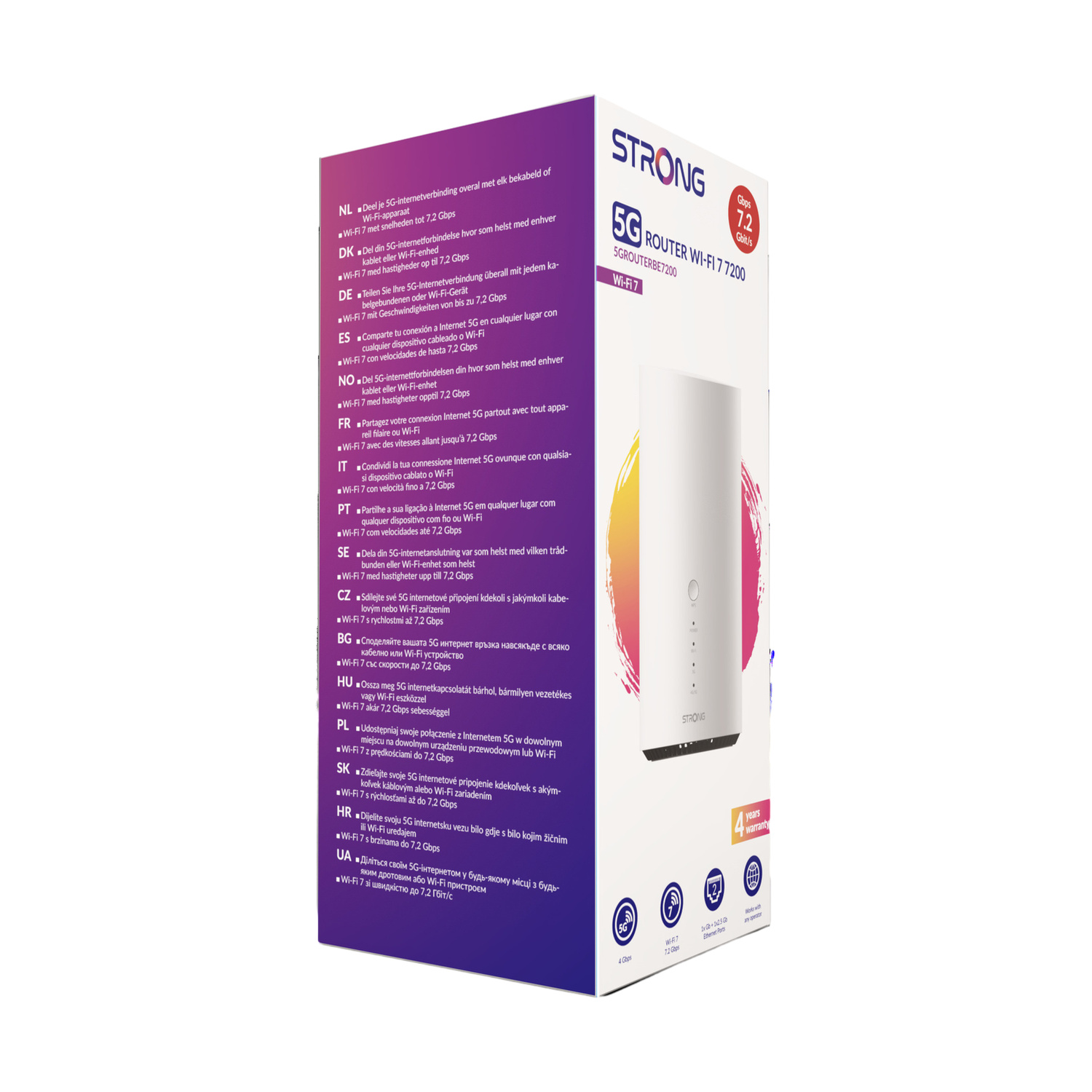 Router STRONG 5G Wi-Fi 7 7200 con 7,2 Gbps. Funzionalità multilingue elencate.