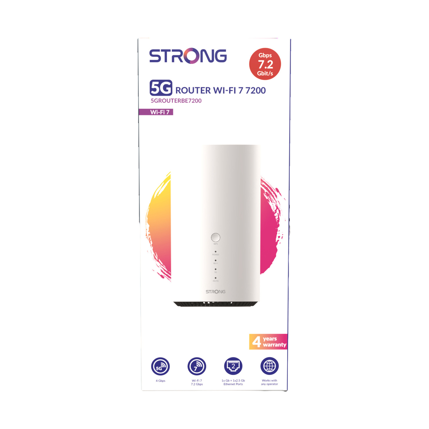 Un router 5G bianco con Wi-Fi 7 e 7,2 Gbps sulla confezione.
