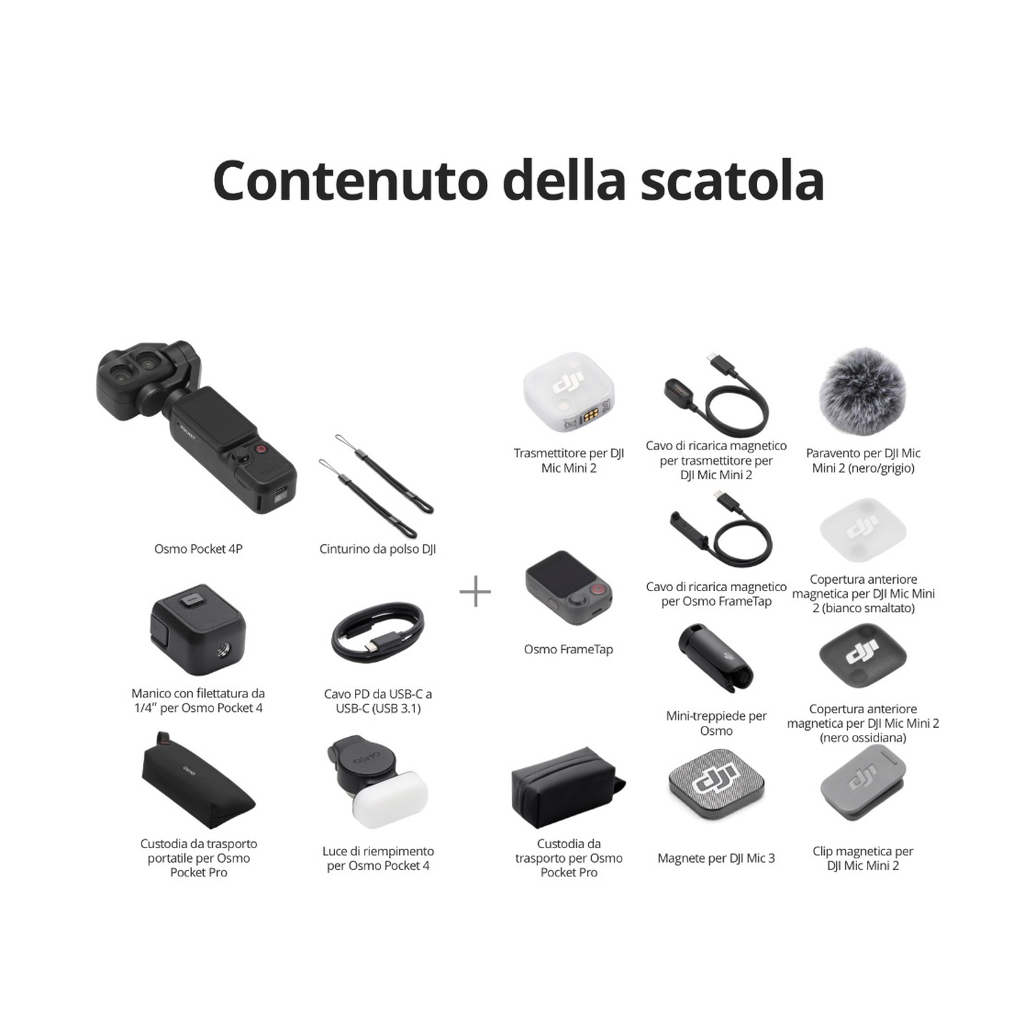 Contenuto della scatola: Osmo Pocket 4P, accessori DJI Mic Mini 2, Osmo FrameTap, cavi e altro.