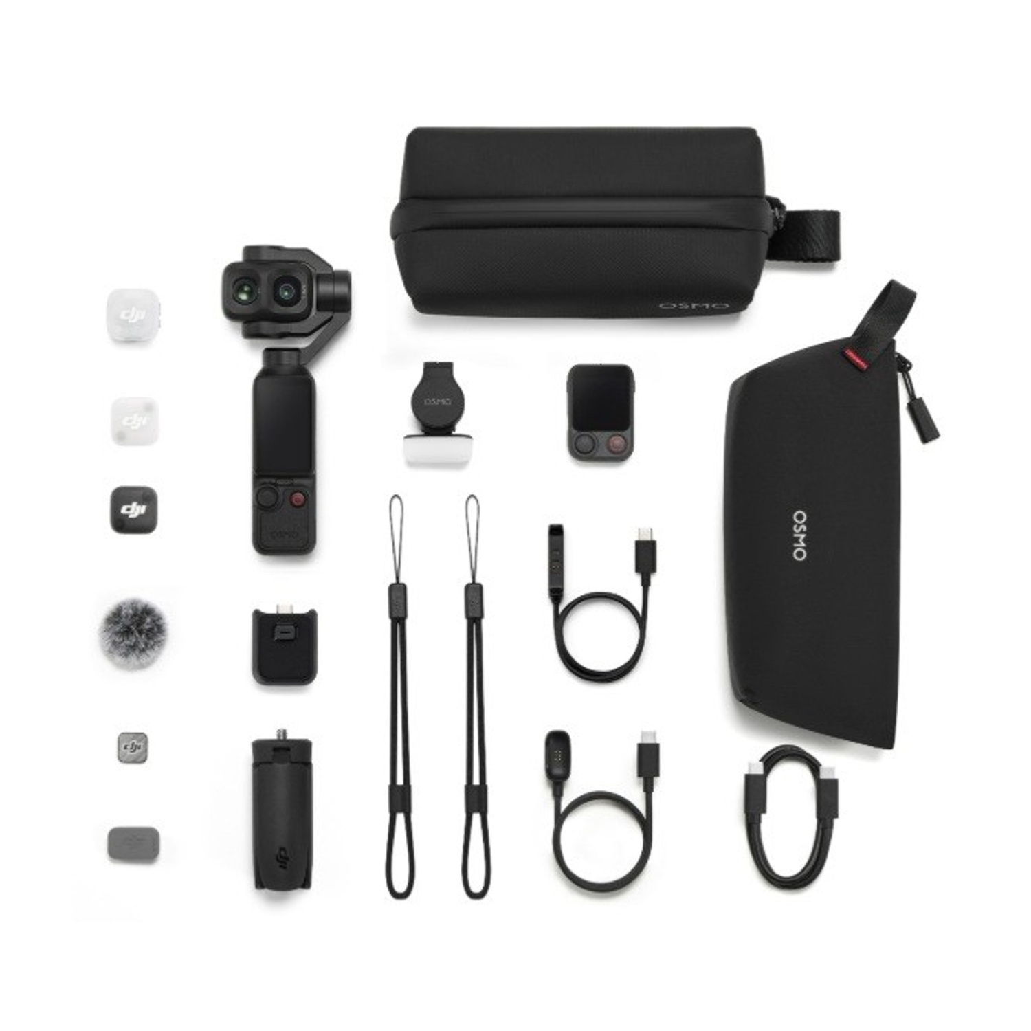 Vista dall'alto degli accessori DJI Osmo Pocket 3: gimbal, custodia di ricarica, cavi, copri microfono, cinghie.