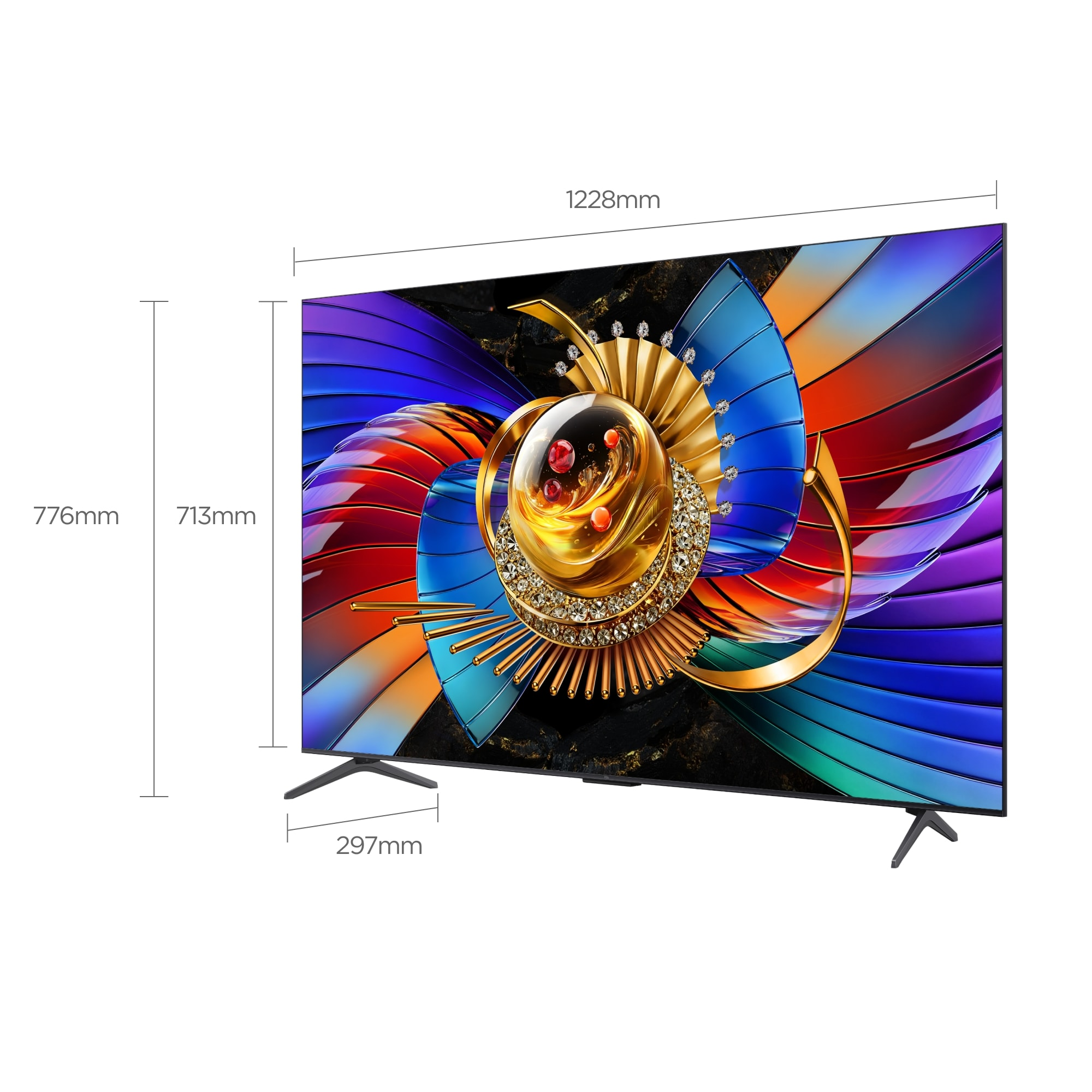 Boyutları gösterilen, renkli, soyut bir görüntü sergileyen modern bir TV.