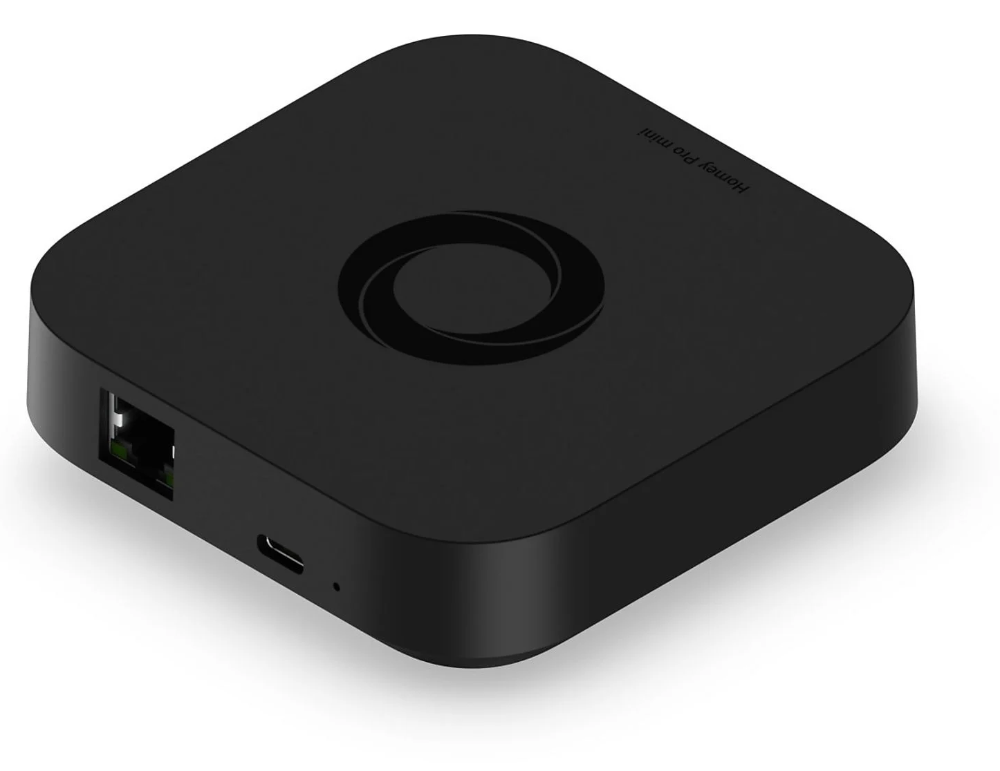Fekete Homey Pro Mini eszköz logóval, Ethernet és USB-C porttal.