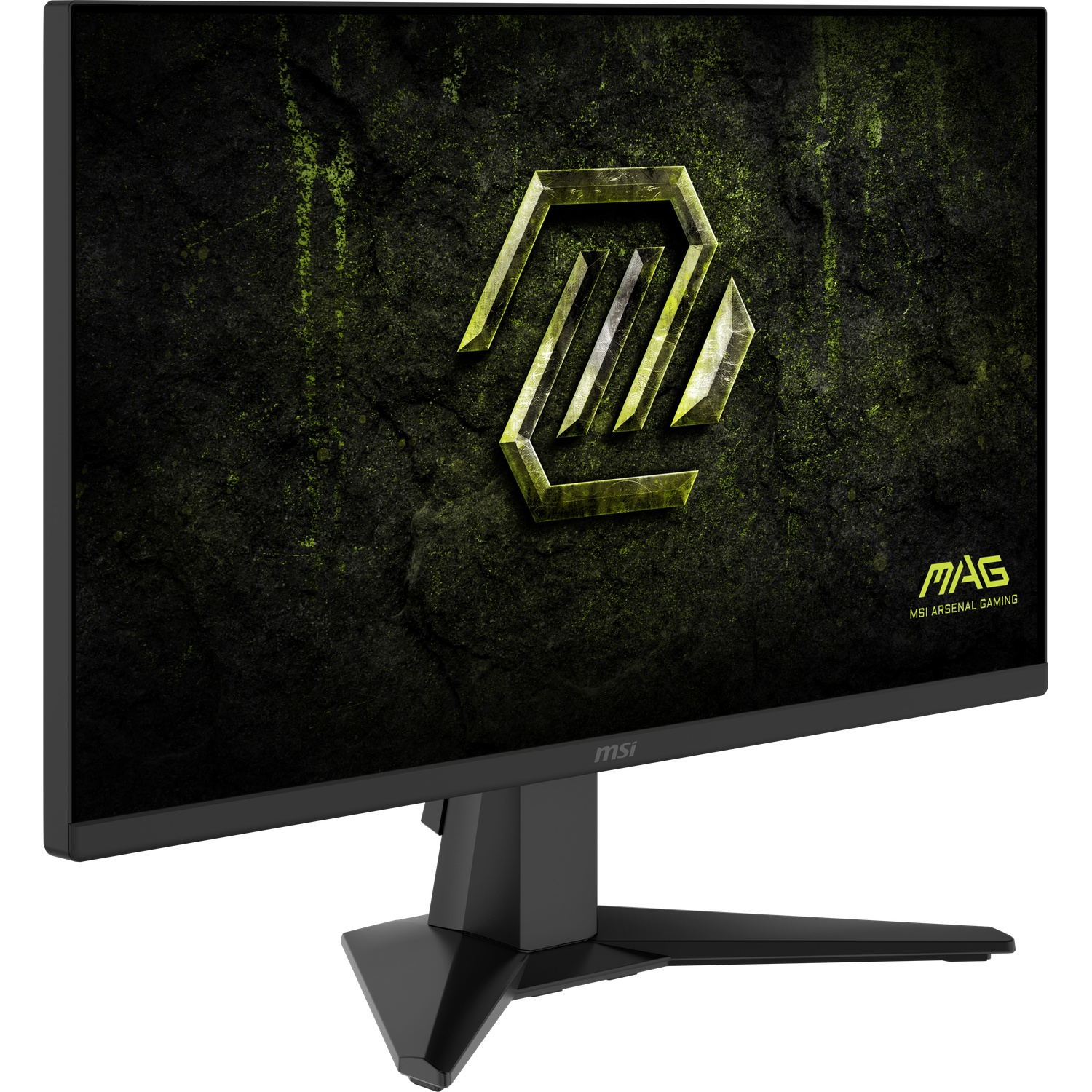 Zwarte gamingmonitor met groen logo op donkere achtergrond.
