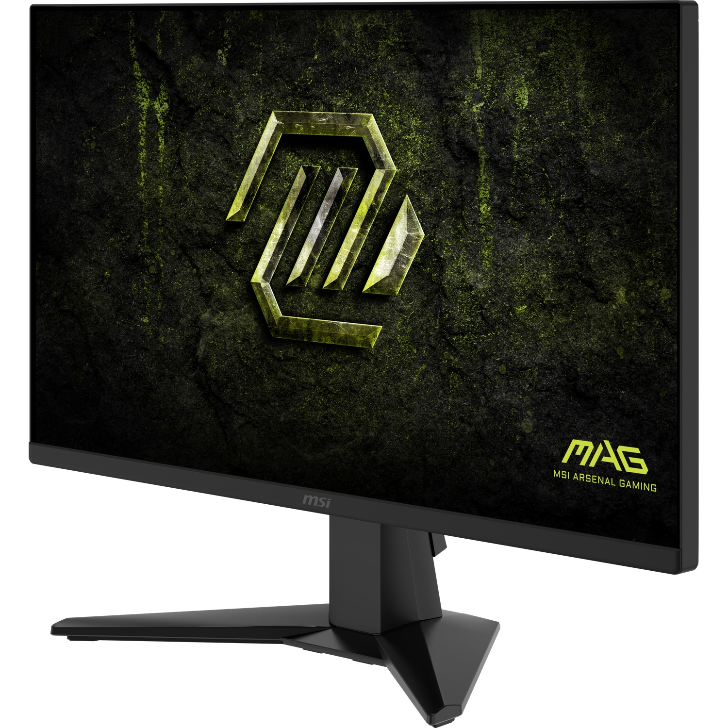 Een zwarte MSI gaming monitor met groen logo en tekst op het scherm.
