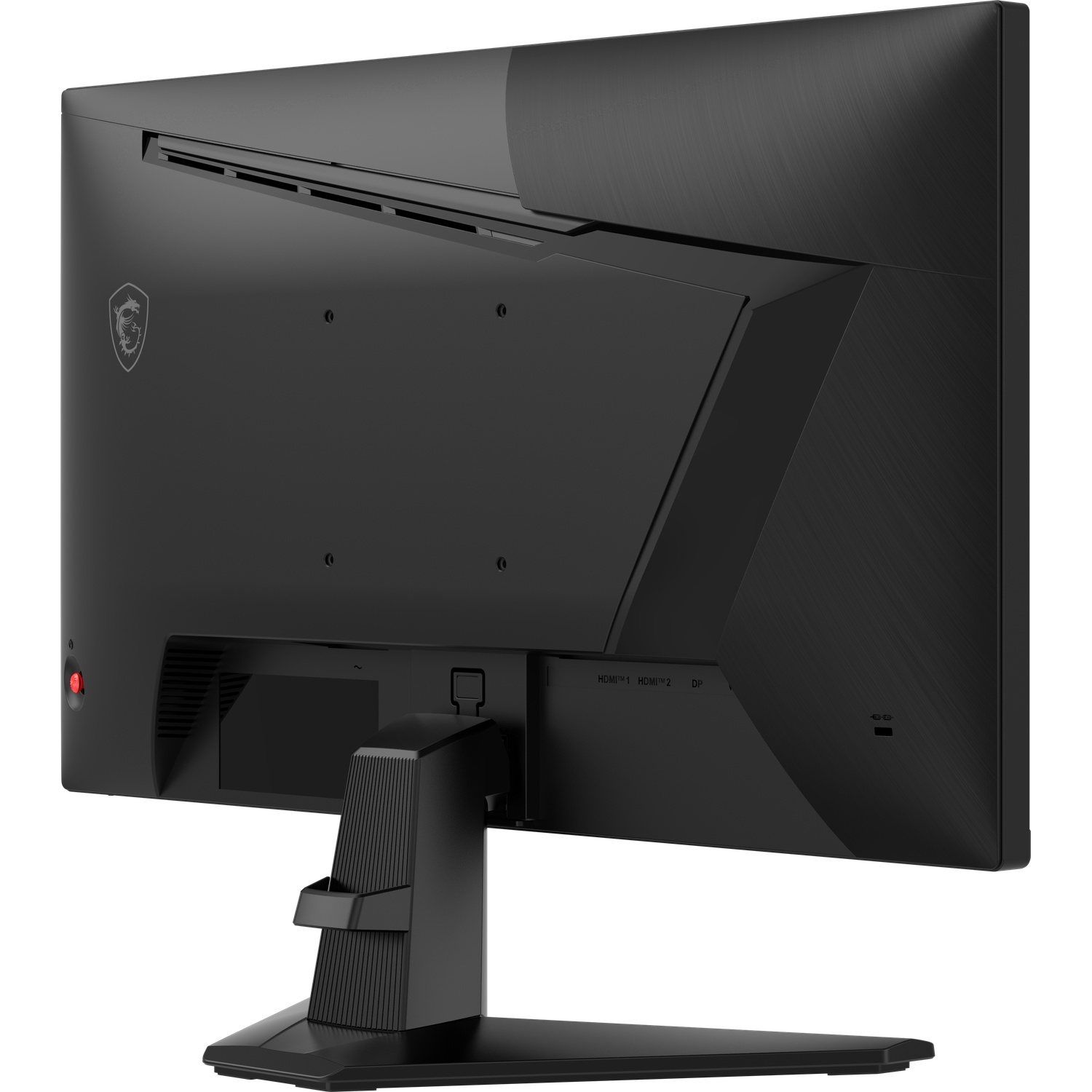 Achterkant van een zwarte monitor met MSI-logo en poorten.