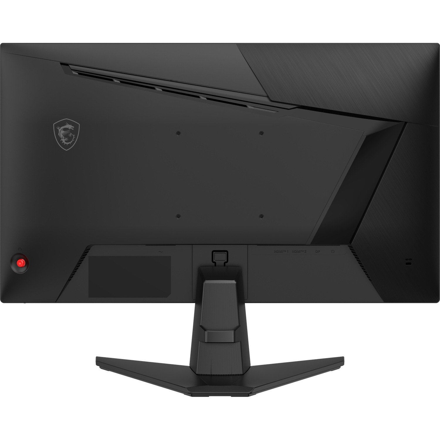 Achterkant van een zwarte monitor met MSI-logo, poorten en rode knop.