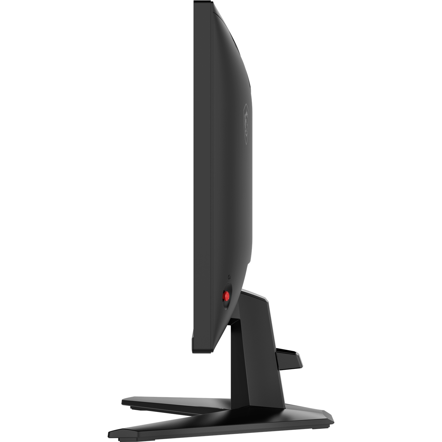 Zwarte monitor van de zijkant, met rode knop en MSI-logo.
