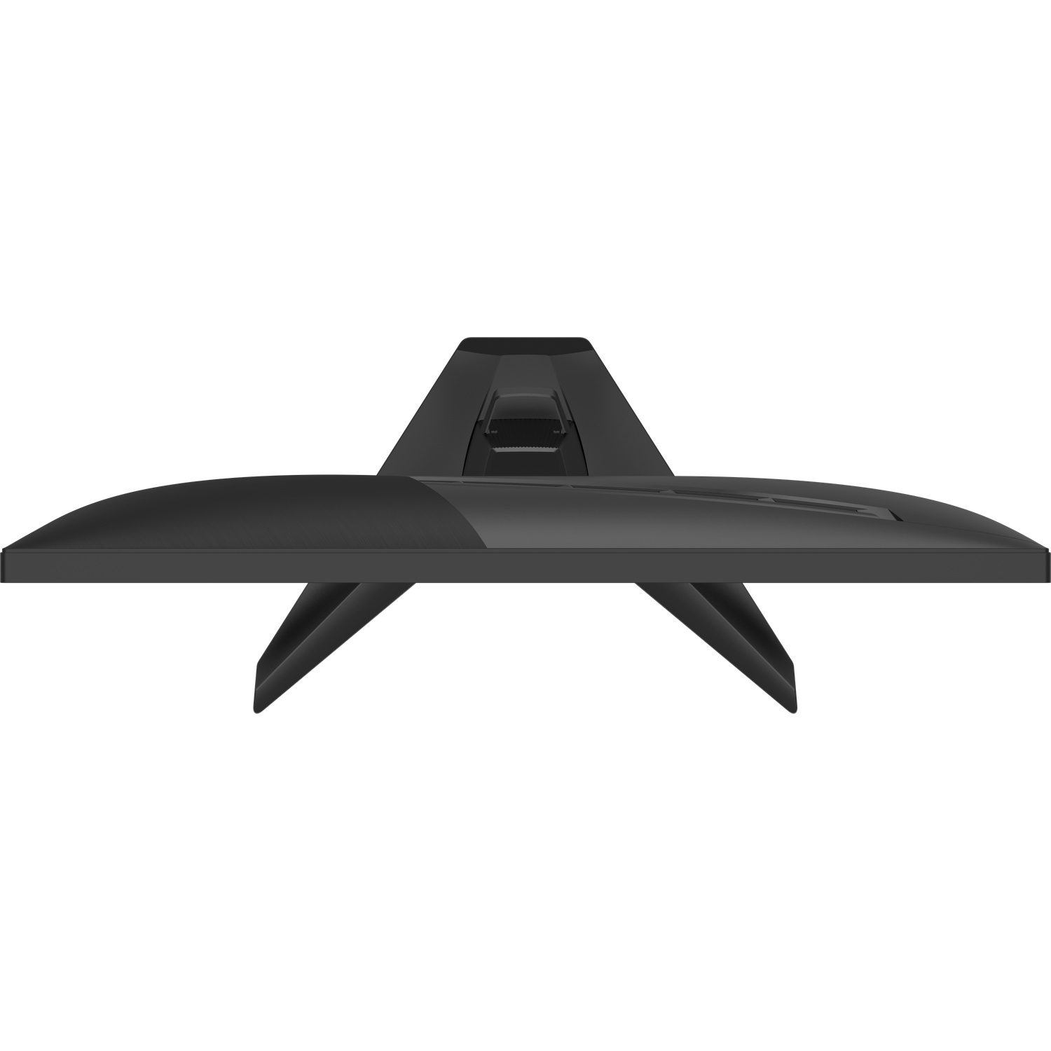 Zwarte computermonitor met V-vormige standaard, van bovenaf gezien.