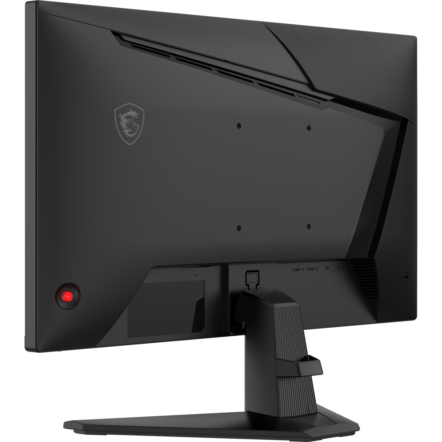 Achterkant van een zwarte monitor met MSI-logo, poorten en rode knop.