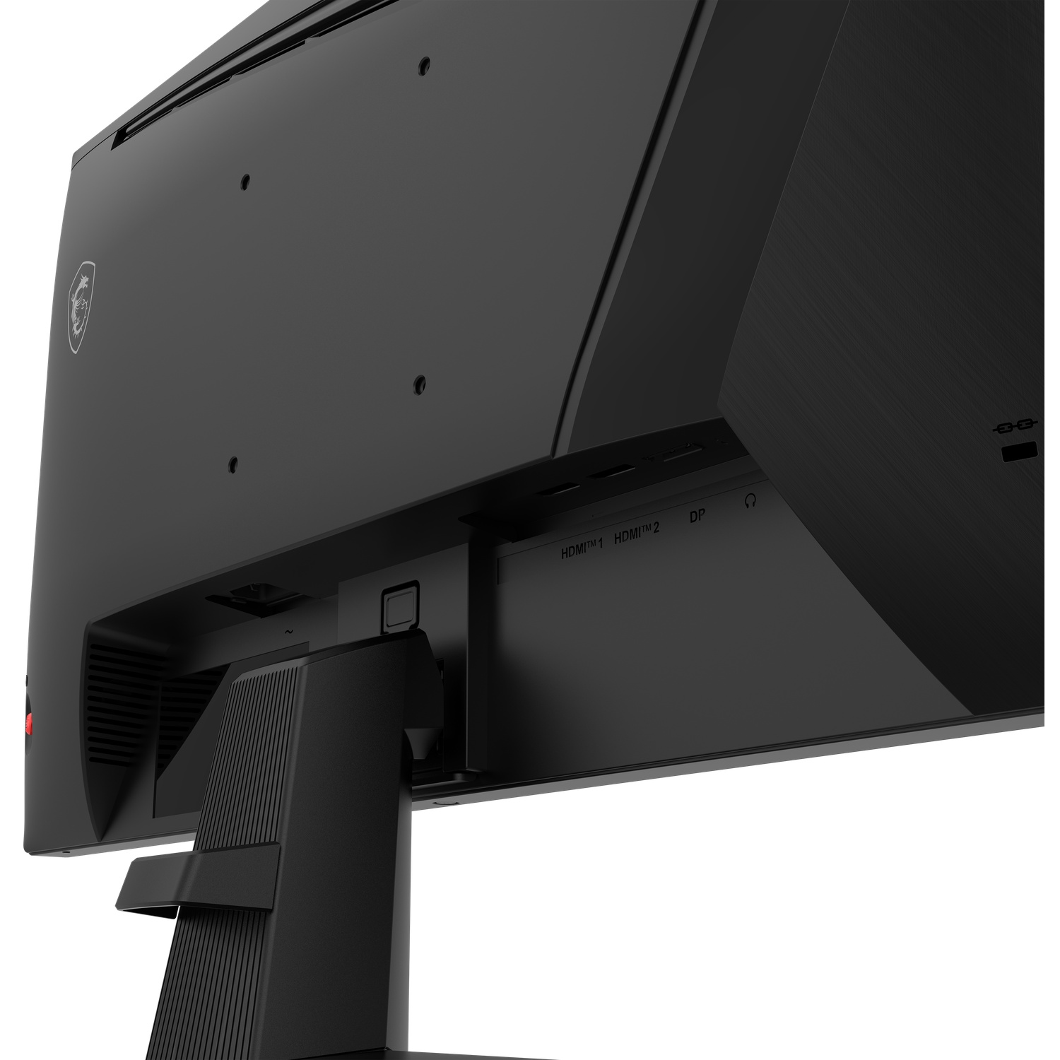 Achterkant van een zwarte monitor met poorten zoals HDMI en DP.