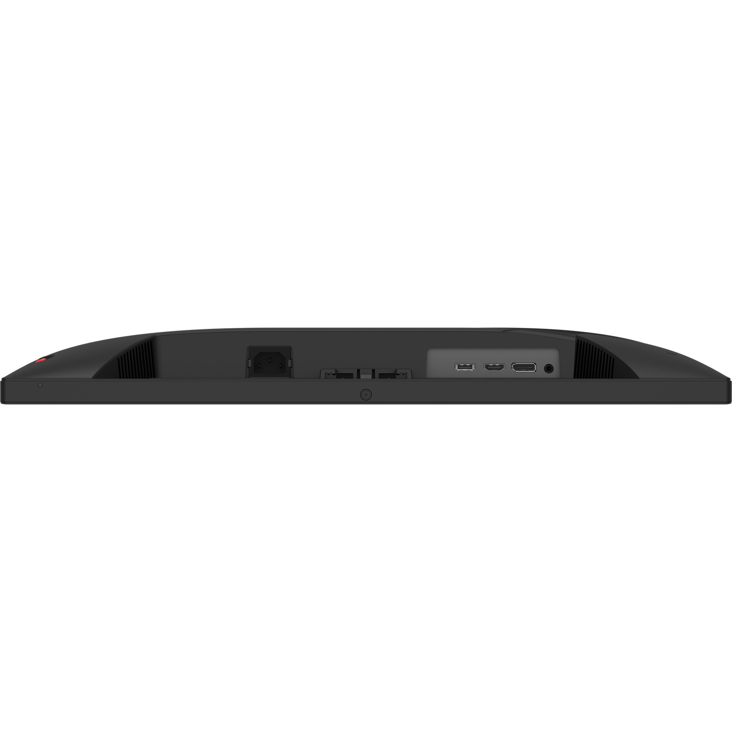 Achterkant van een zwarte monitor met poorten: stroom, 2x HDMI, USB-C.