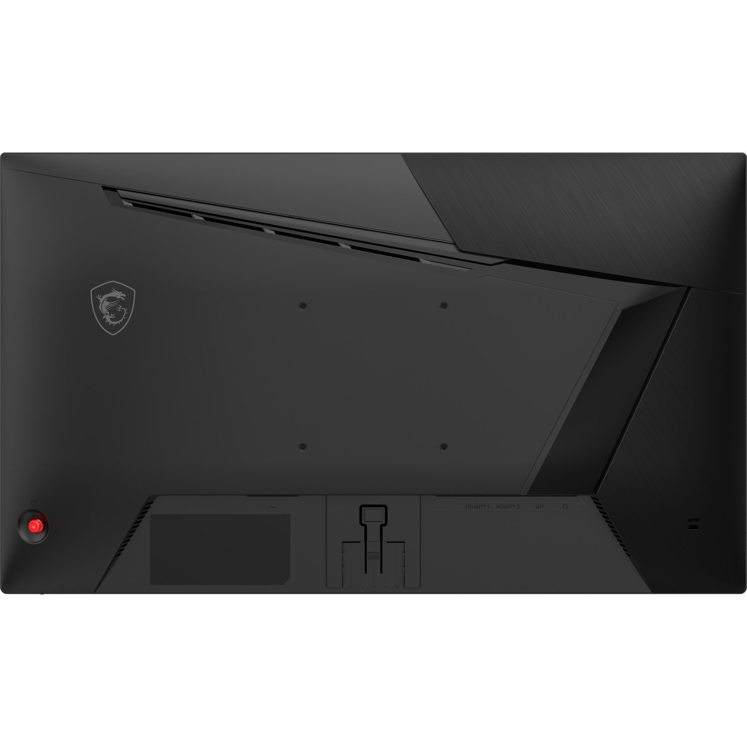 Achterkant van zwarte monitor met MSI-logo, poorten en rode knop.