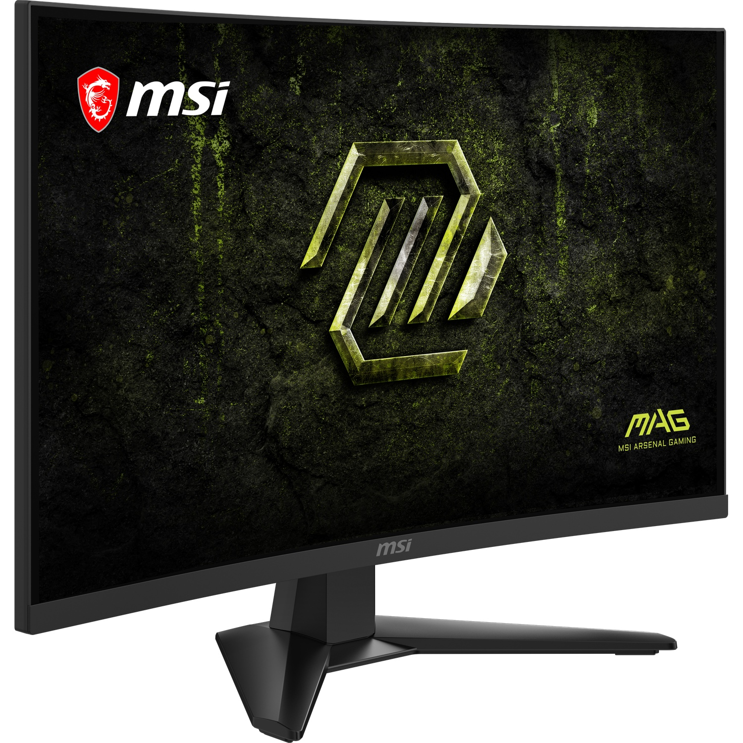 Moniteur MSI incurvé avec logo dragon et design abstrait jaune sur fond sombre.