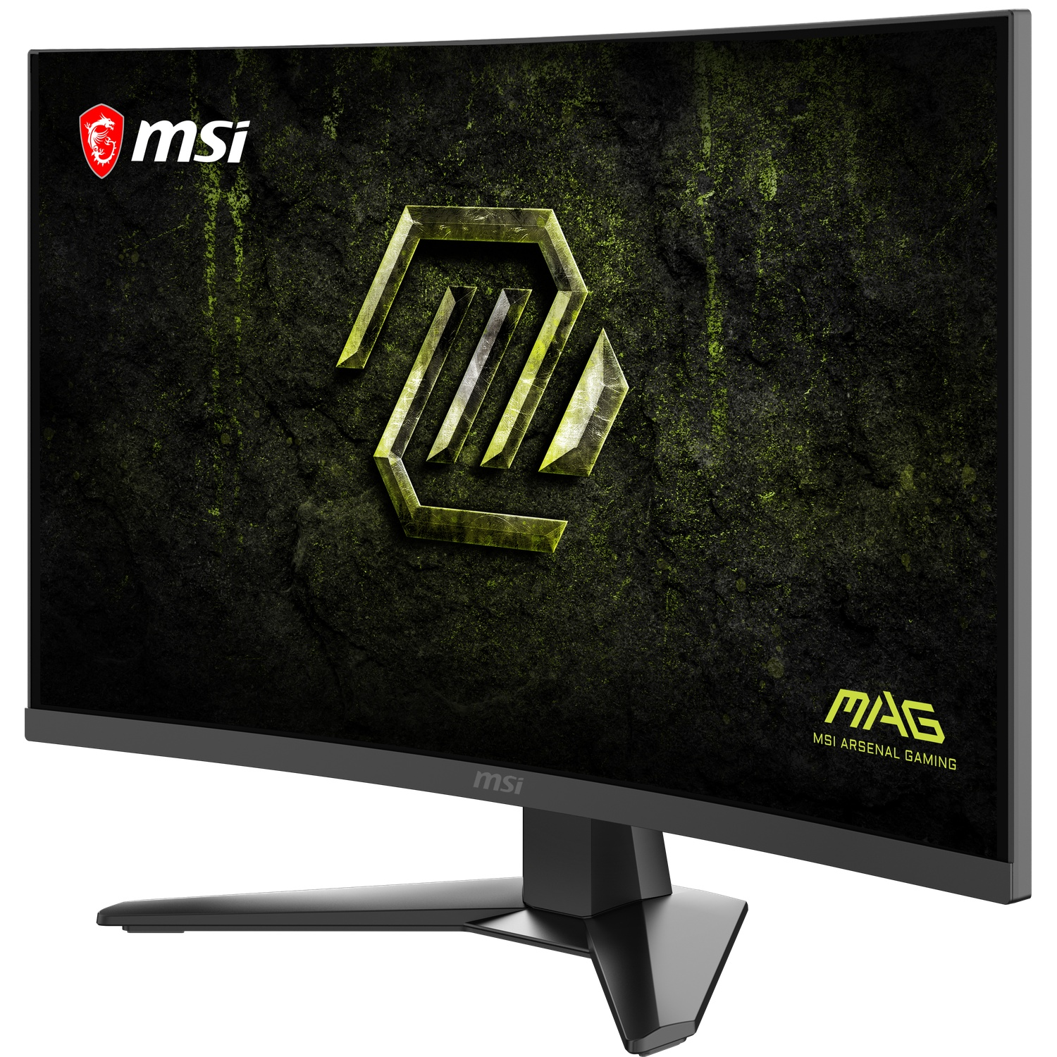 Moniteur gaming MSI incurvé noir avec un design abstrait jaune et vert à l'écran.