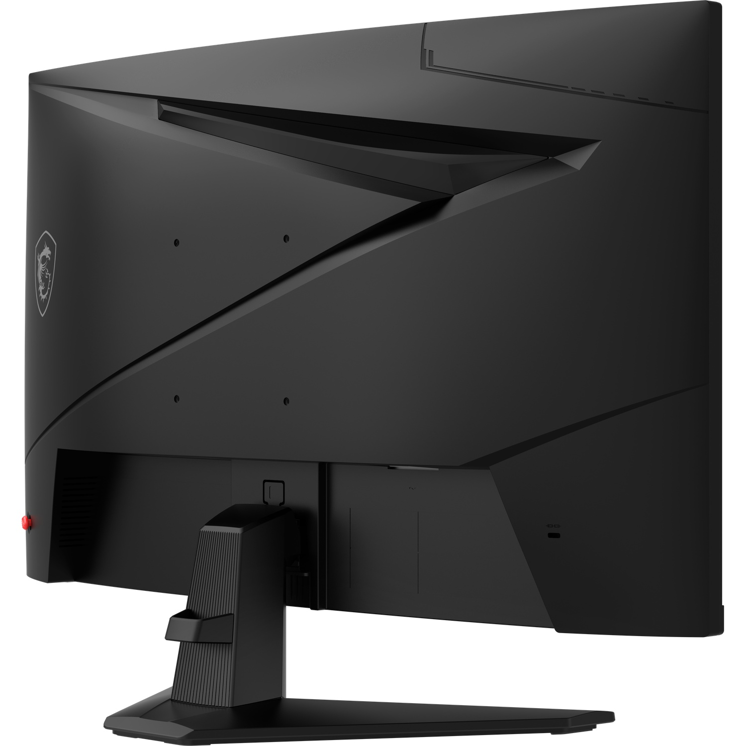 Vue arrière d'un moniteur noir avec logo MSI et bouton rouge.