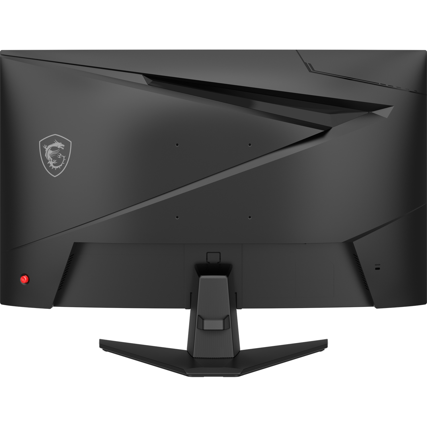 Vue arrière d'un moniteur MSI noir avec logo dragon et design anguleux.
