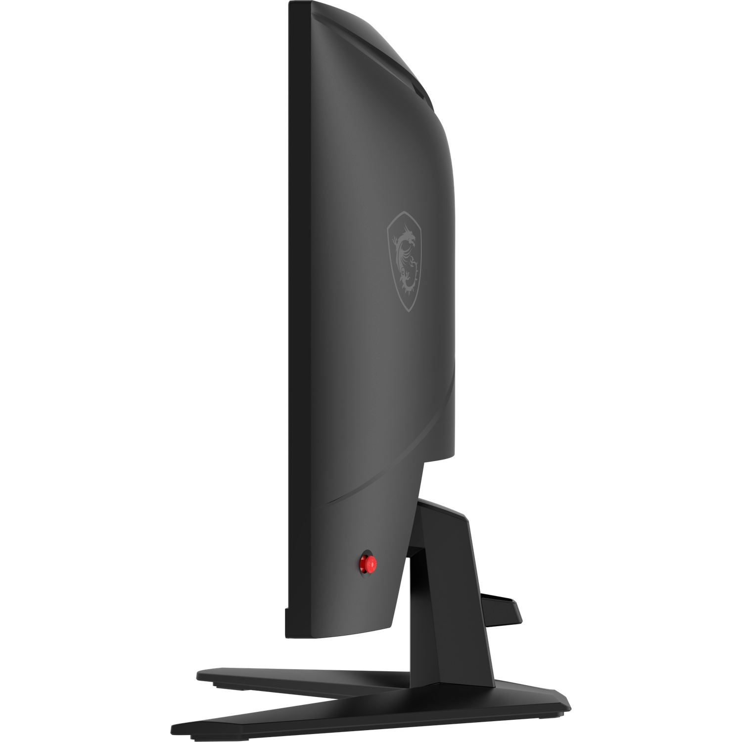 Moniteur noir vu de côté, logo MSI et bouton rouge.