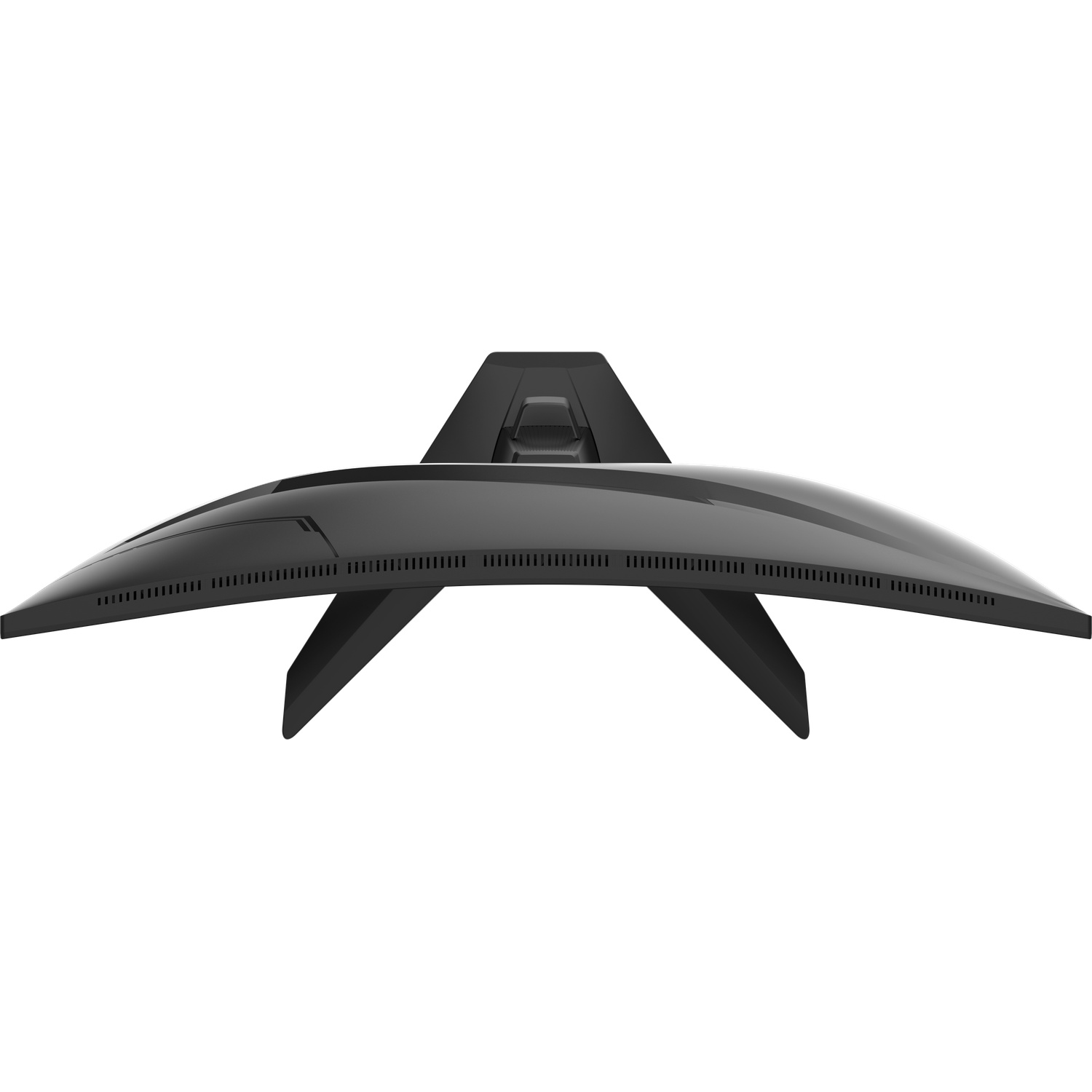 Un moniteur d'ordinateur incurvé noir vu de dessus, avec un support.