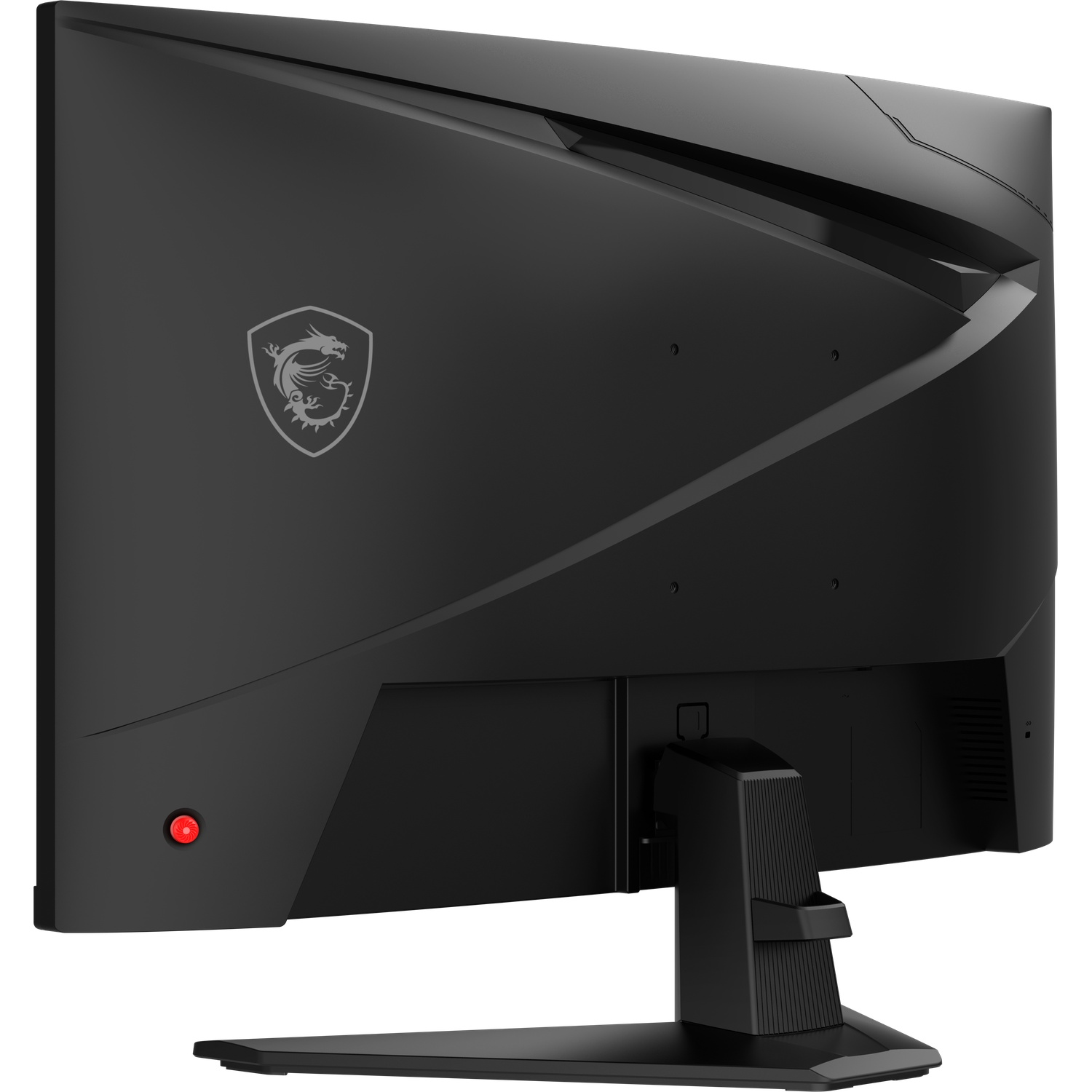 Vue arrière d'un moniteur noir avec logo MSI et bouton rouge.
