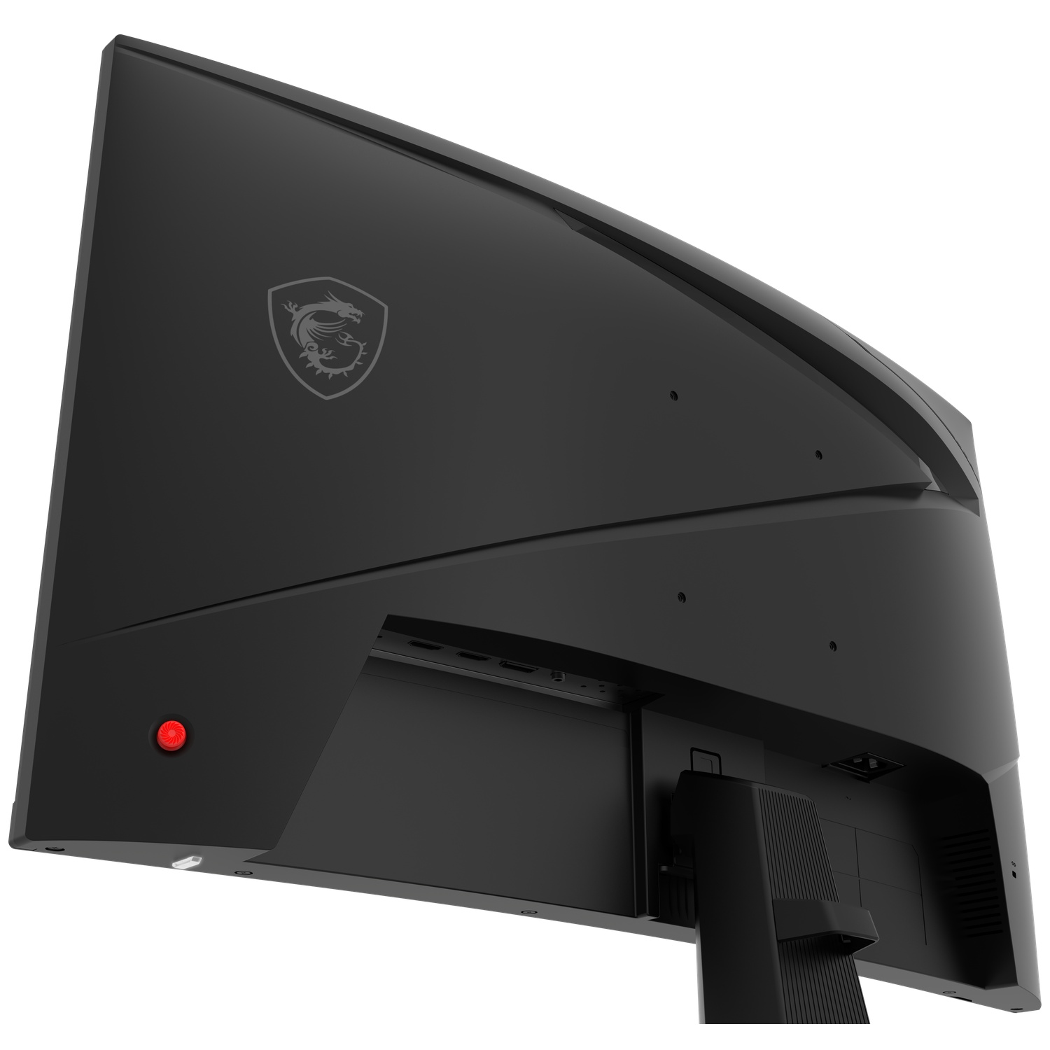 Moniteur MSI noir, vue arrière, montrant les ports et le bouton rouge.