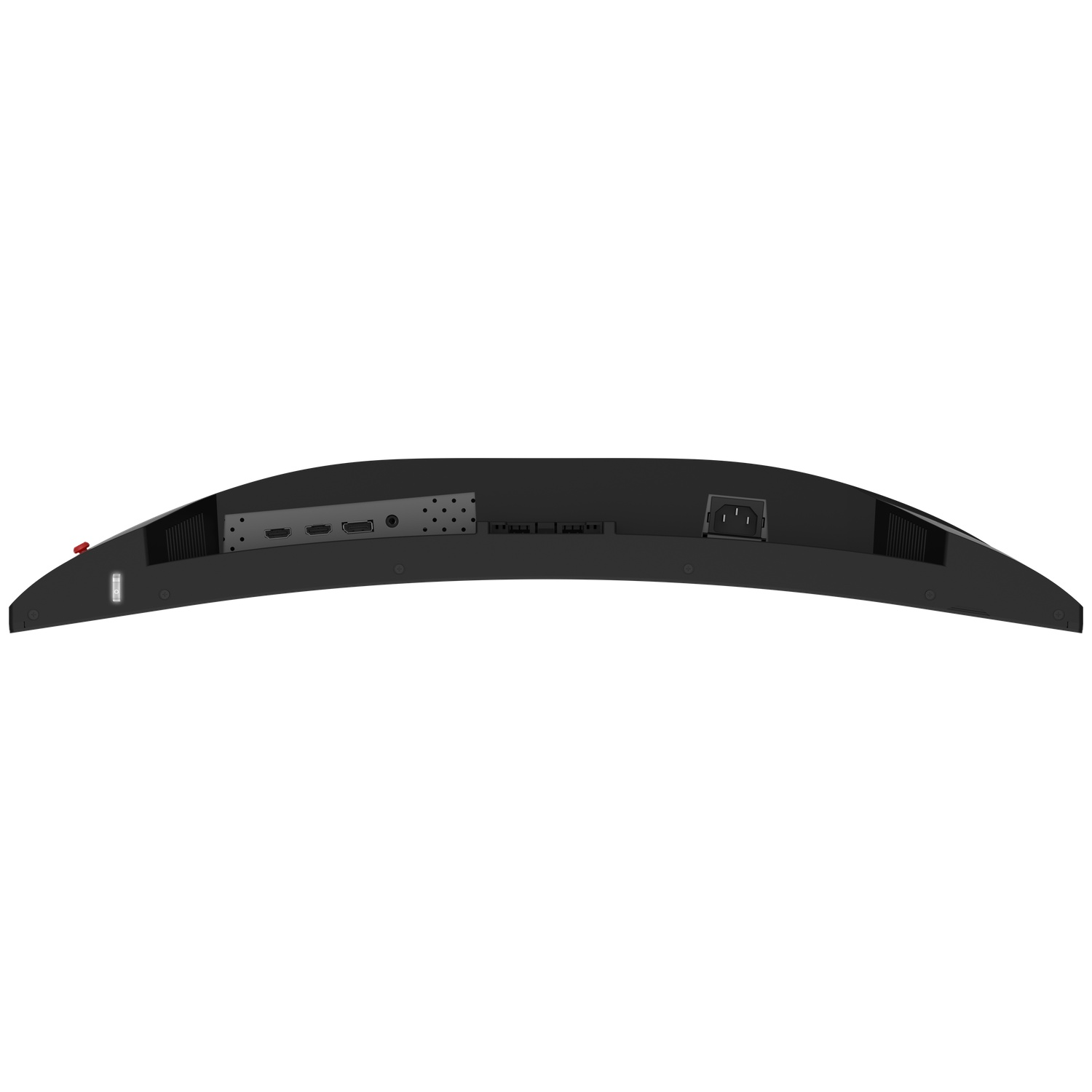 Arrière d'un moniteur incurvé noir avec des ports dont HDMI et alimentation.