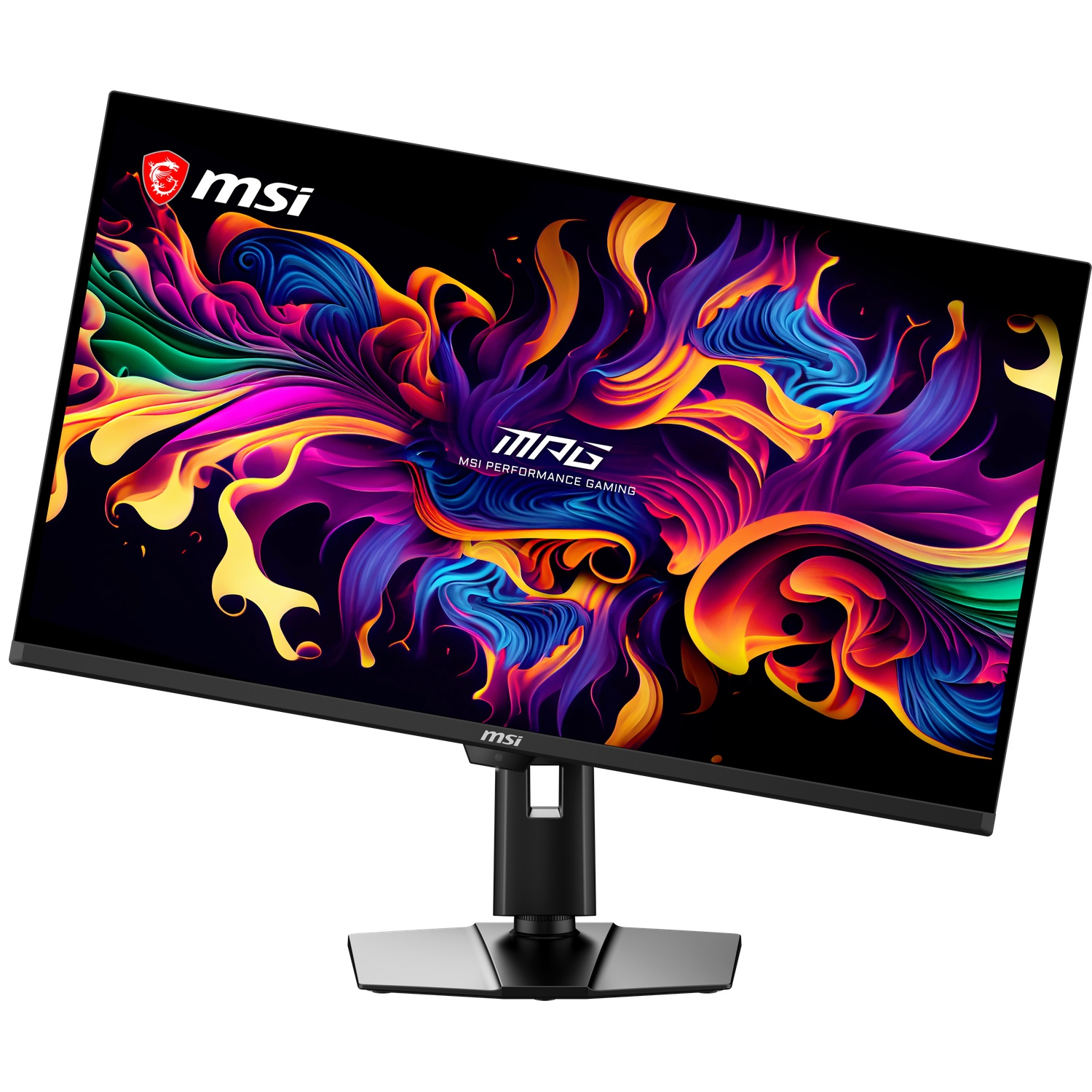 Un moniteur gaming MSI affichant un fond d'écran abstrait et coloré.