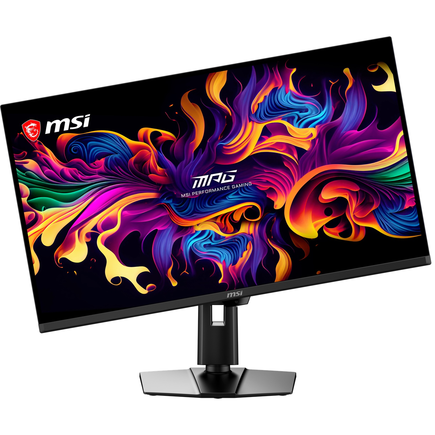 Moniteur MSI avec affichage d'art numérique abstrait et vibrant et support noir.