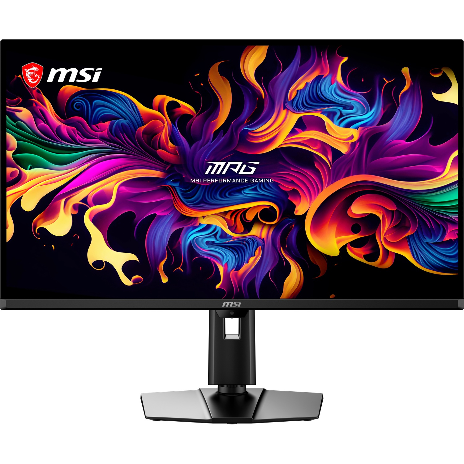 Moniteur MSI avec écran abstrait coloré et vibrant et logo MSI.